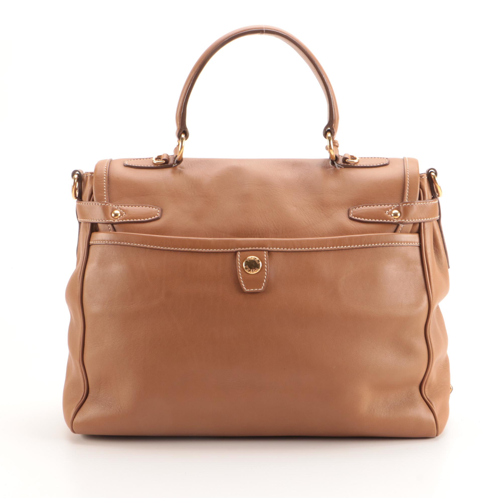 Prada Convertible Pushlock Satchel Shoulder Bag in Tan Leather