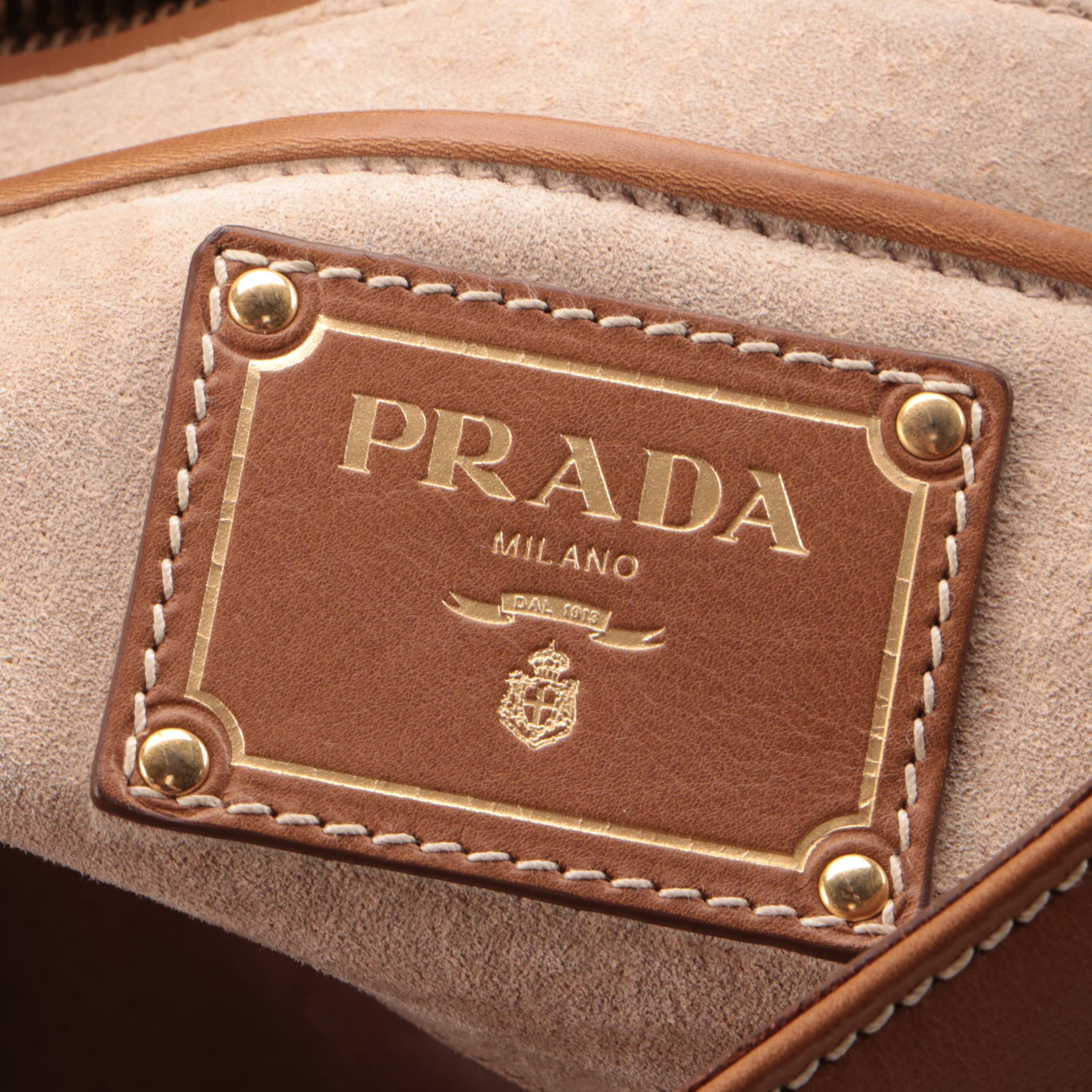 Prada Convertible Pushlock Satchel Shoulder Bag in Tan Leather