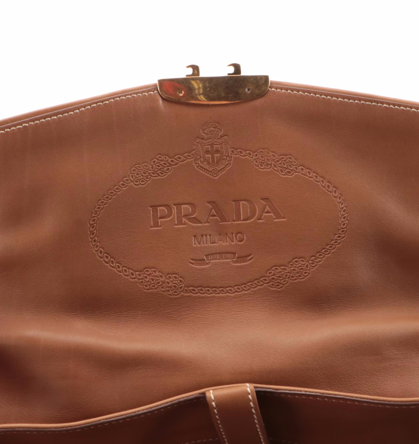 Prada Convertible Pushlock Satchel Shoulder Bag in Tan Leather