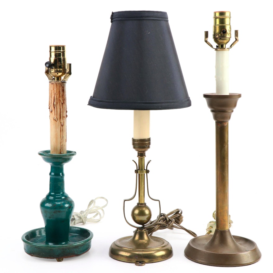 Brass and Ceramic Converted Candlestick Table Lamps, Antique and Adapted