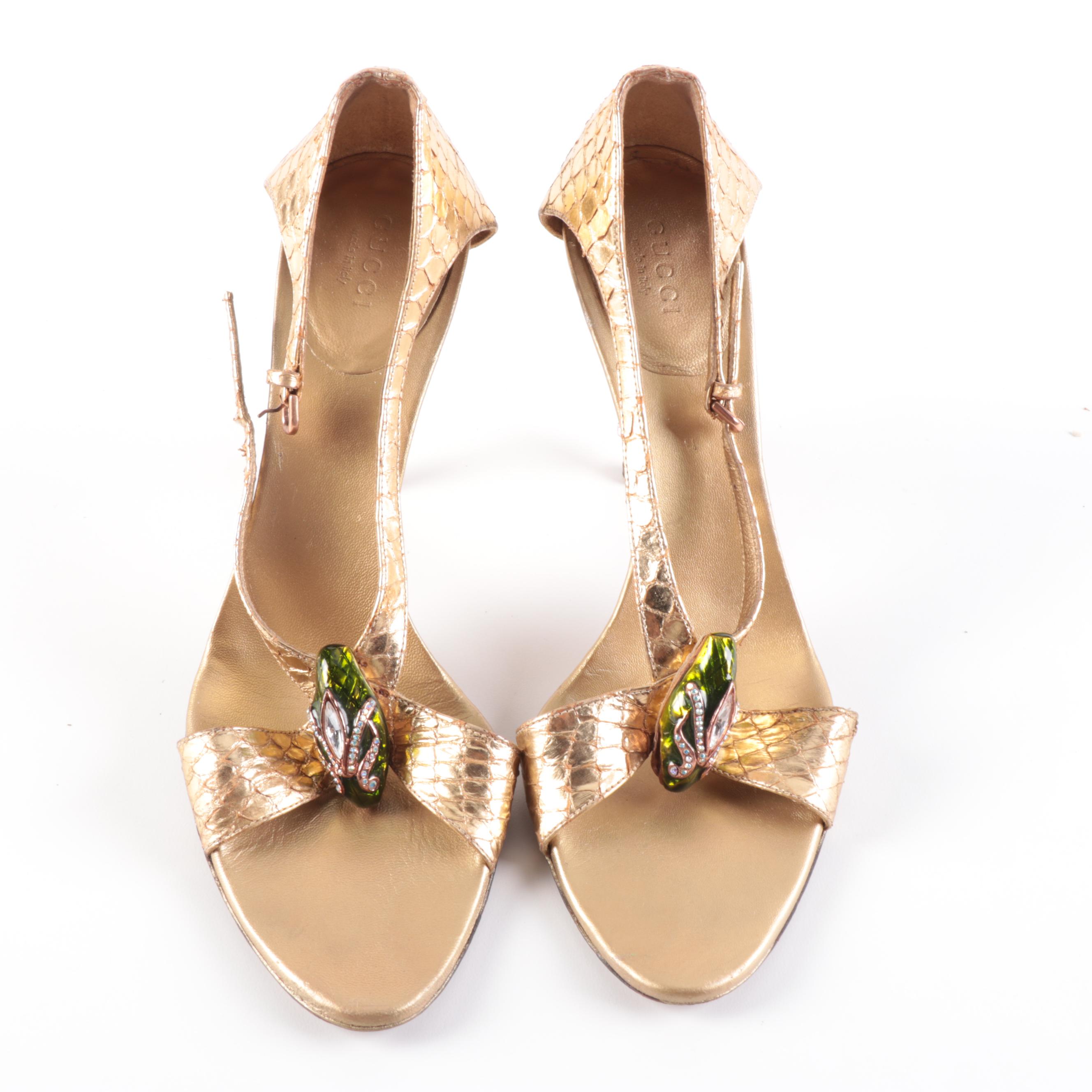 Gucci Bamboo Embellished Metallic Python High-Heeled Sandals