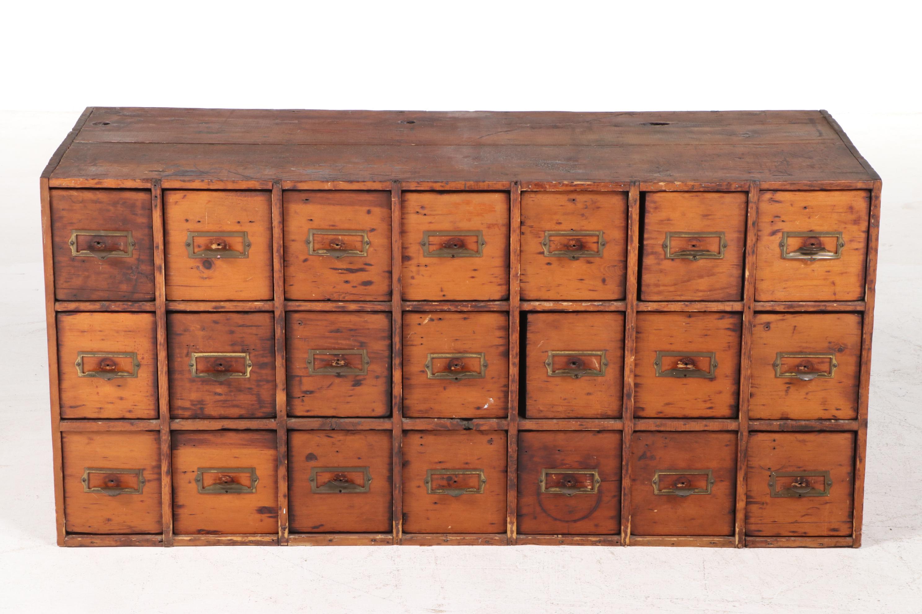 American Pine Twenty One-Drawer Card File Cabinet, Early 20th Century