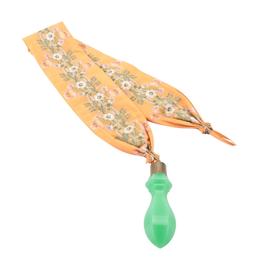 Silk Floral Embroidered Bell Pull with Green Opaline Glass Handle, 19th Century