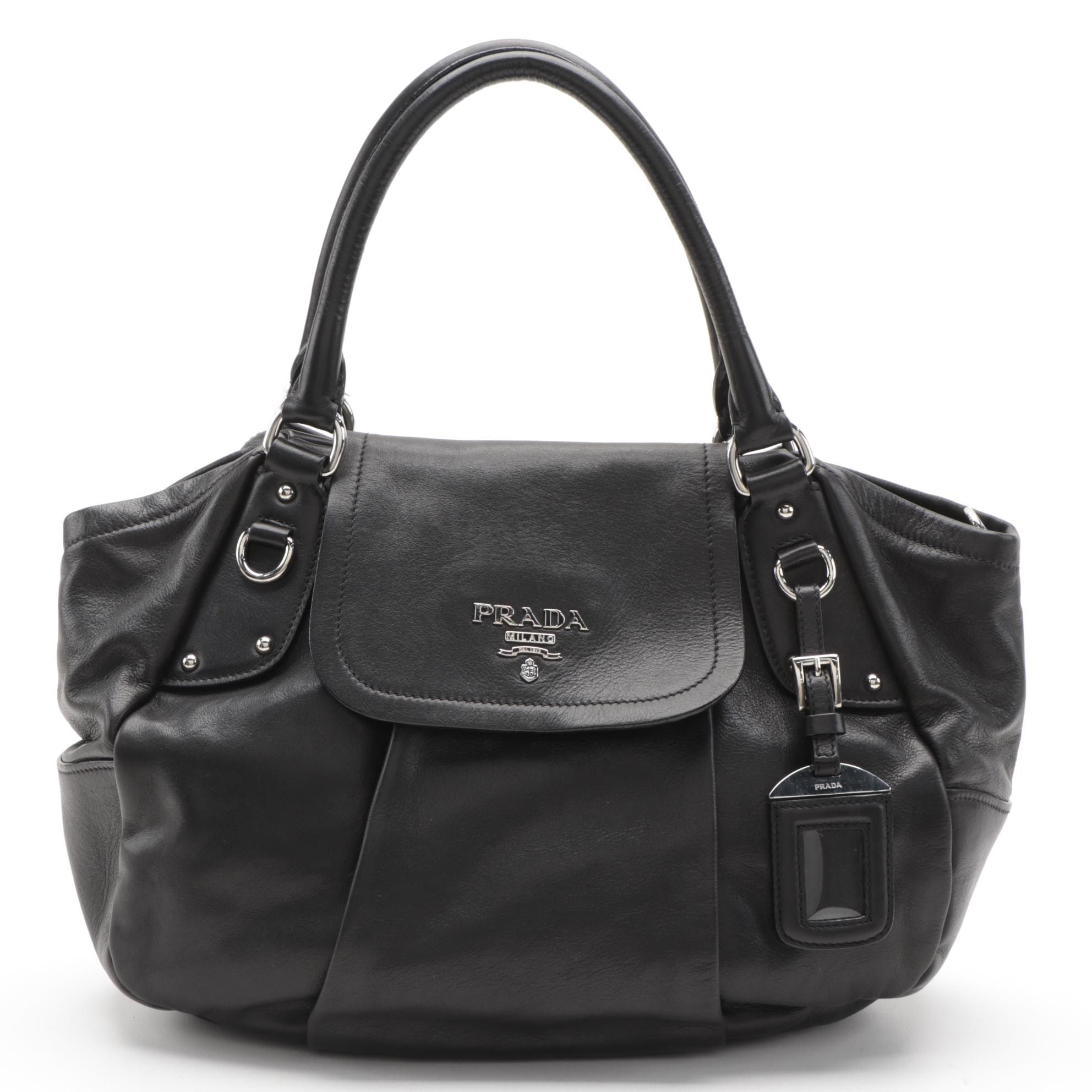 Prada Pleated Two-Way Shoulder Bag in Black Soft Calfskin Leather