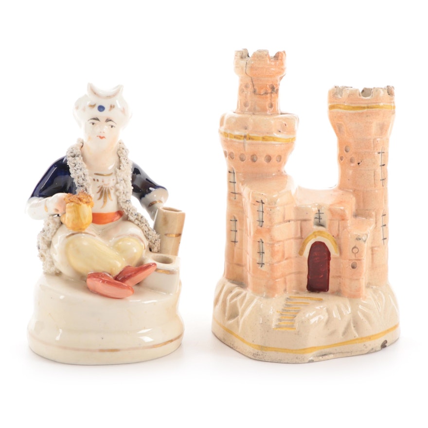 Staffordshire Ceramic Sultan Pen Holder and Castle Spill Vase, Mid-Late 19th C.