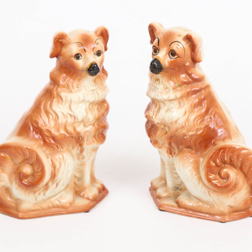 Pair of Staffordshire Ceramic Dogs with Glass Eyes, Early to Mid 20th Century