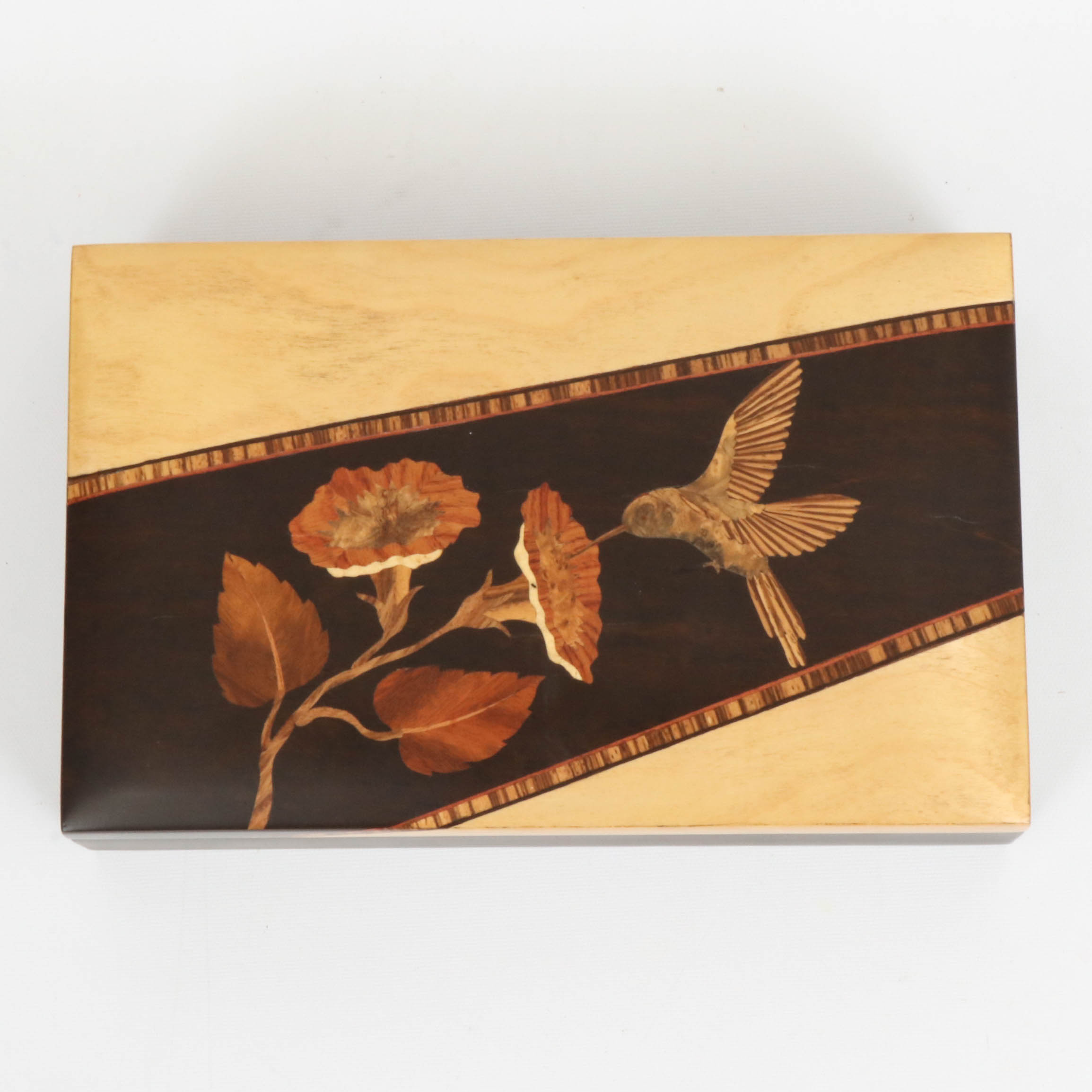 Acre Marquetry Wood Marquetry Hummingbird Vanity Box, Late 20th Century