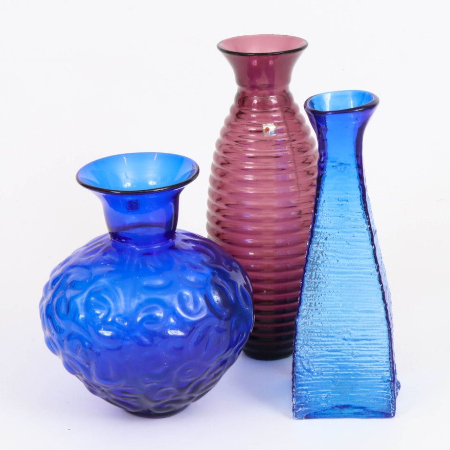 Blenko Handblown Cobalt and Violet Art Glass Vases, Mid-20th Century