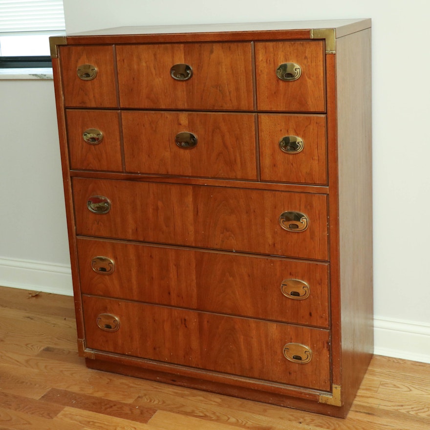 Thomasville Campaign Style Five-Drawer Chest with Brass Hardware