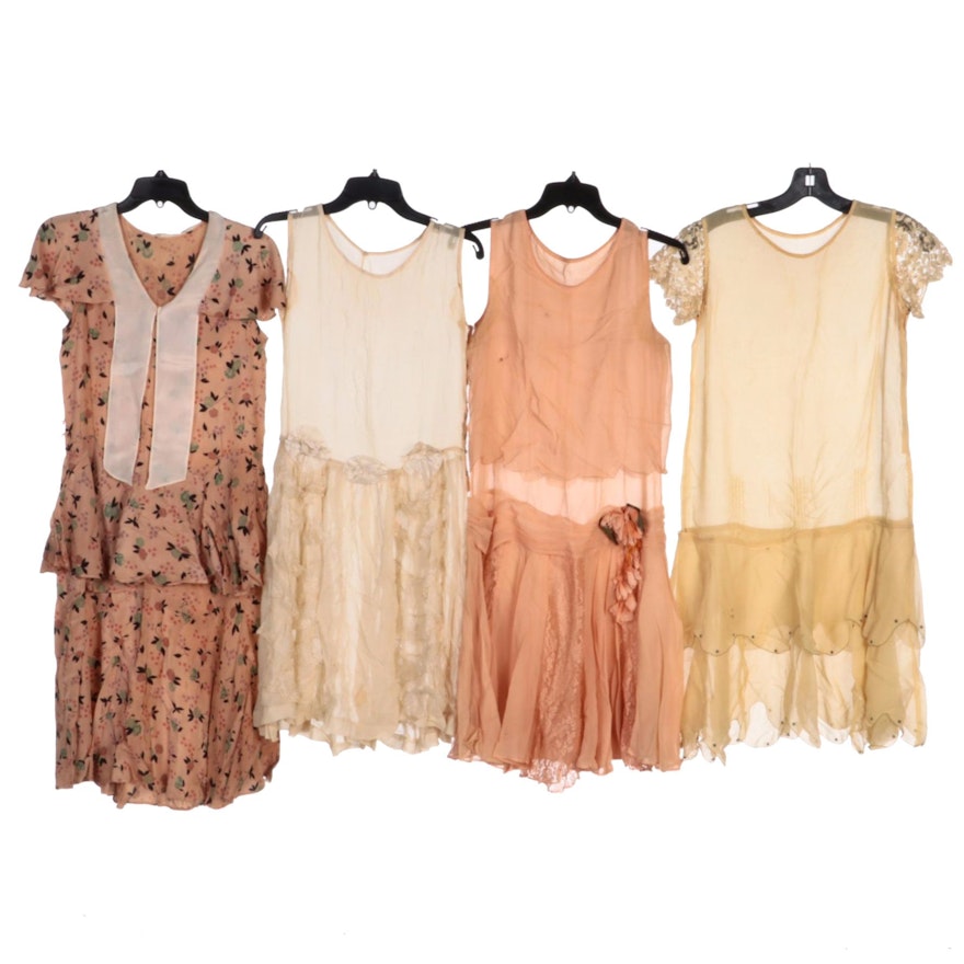 Floral Silk and Crepe Drop Waist Dresses, 1920s