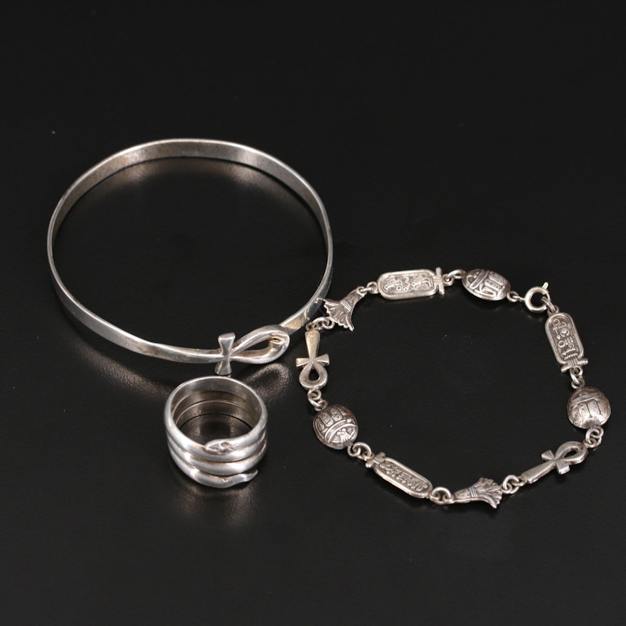 Egyptian 800 Silver Ring and Bracelets Featuring Ankh and Scarab Designs