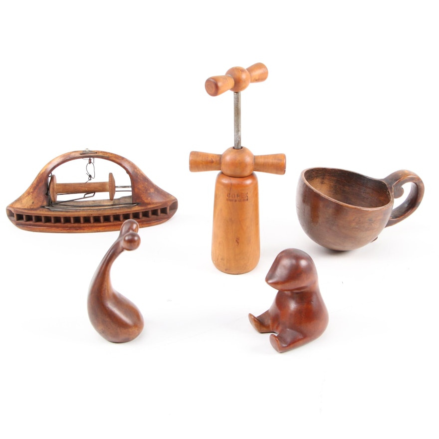 Ribbon Weaving Loom Shuttle, Copex Corkscrew, and Carved Wooden Cup and Figures