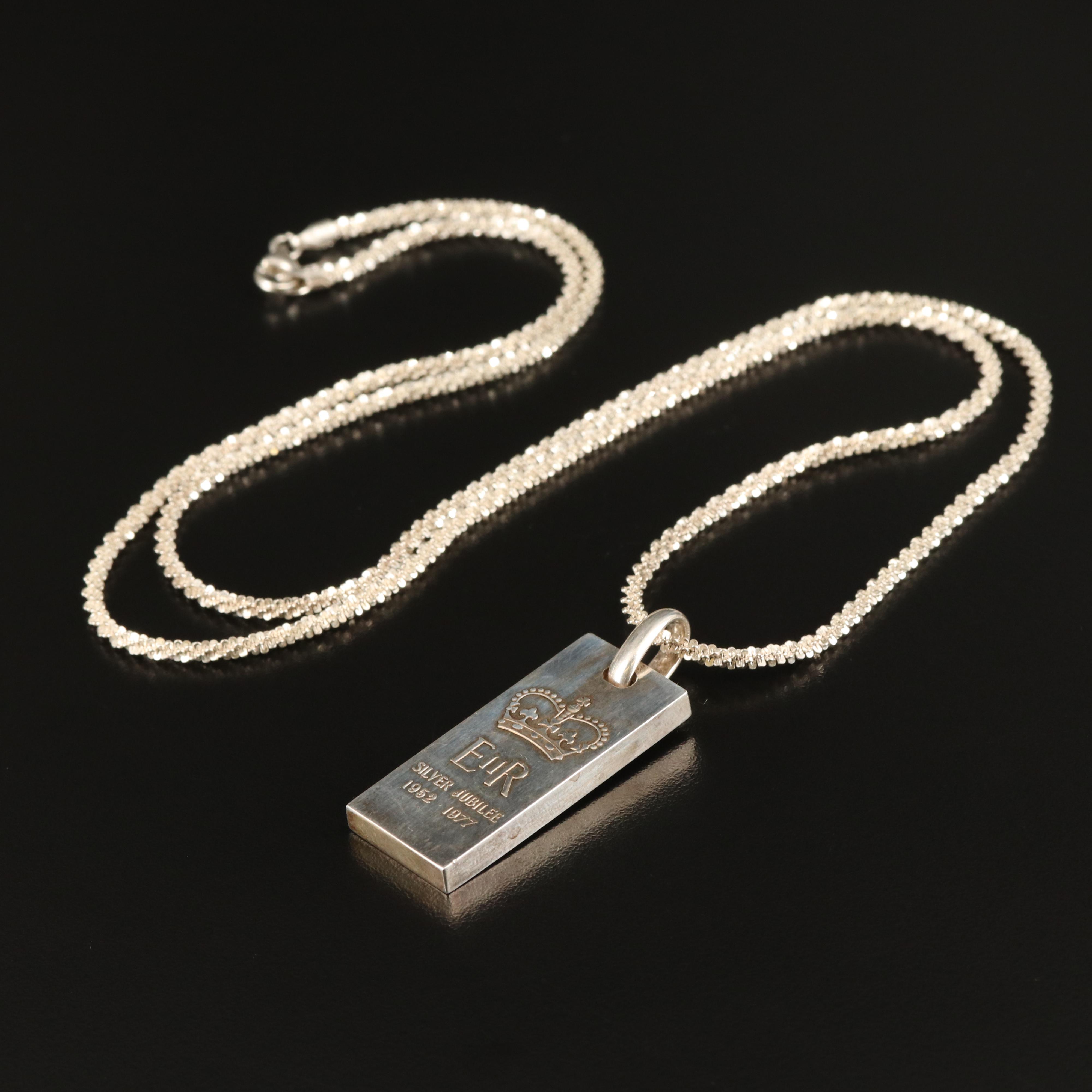 Sterling Queen Elizabeth II Silver Jubilee Commemorative Ingot Pendant Necklace