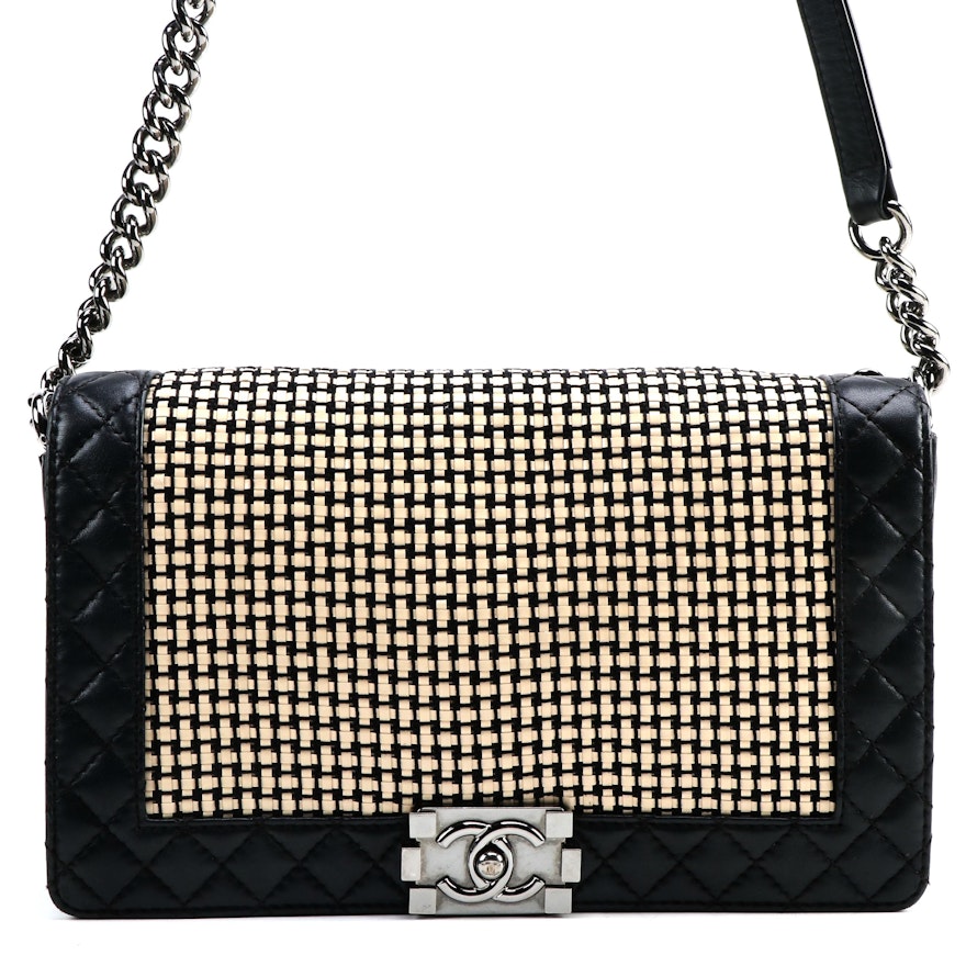 Chanel New Medium Boy Bag in Quilted Black Lambskin and Patent Leather Tweed