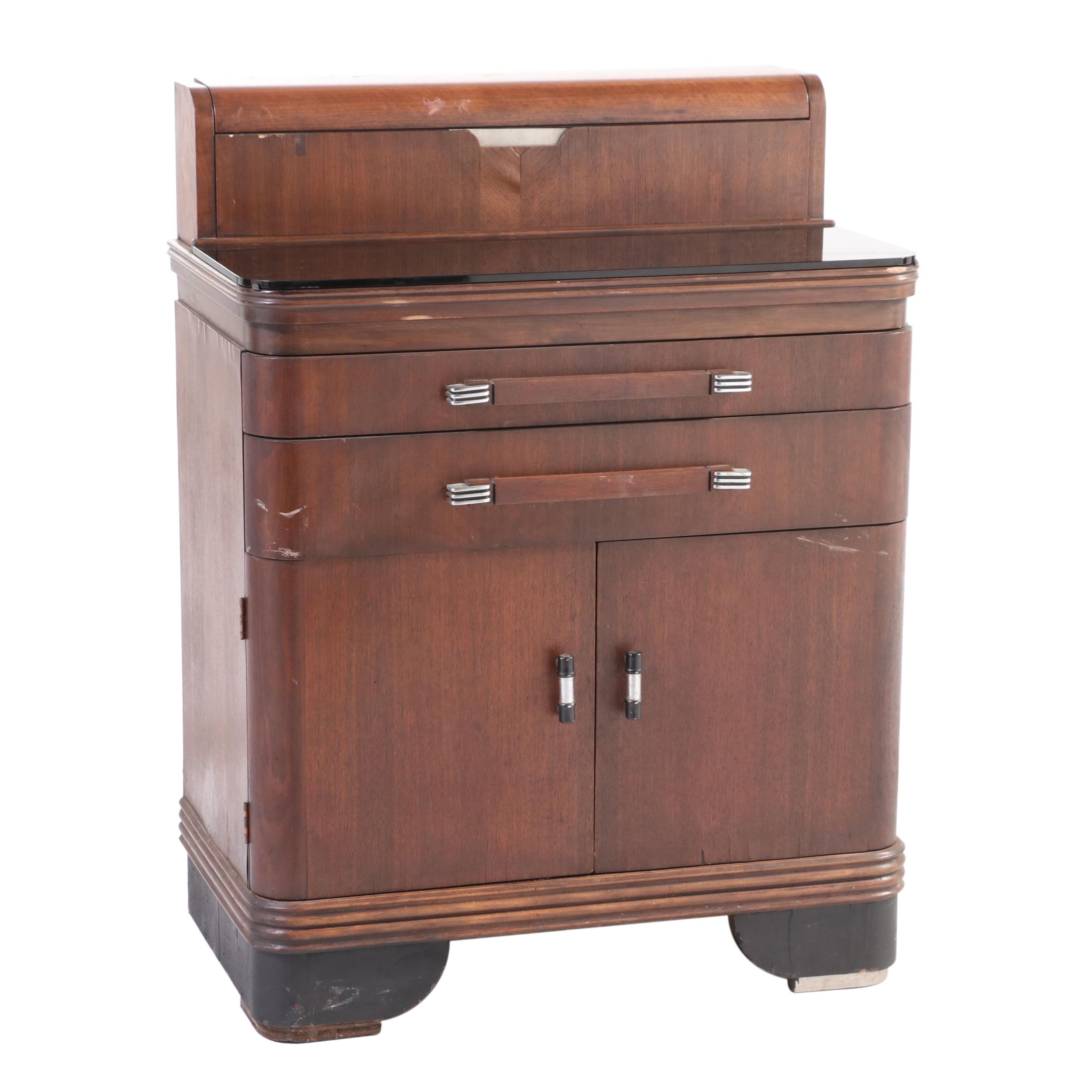 Donald Deskey for Hamilton Art Deco Walnut and Black Glass Dental Cabinet