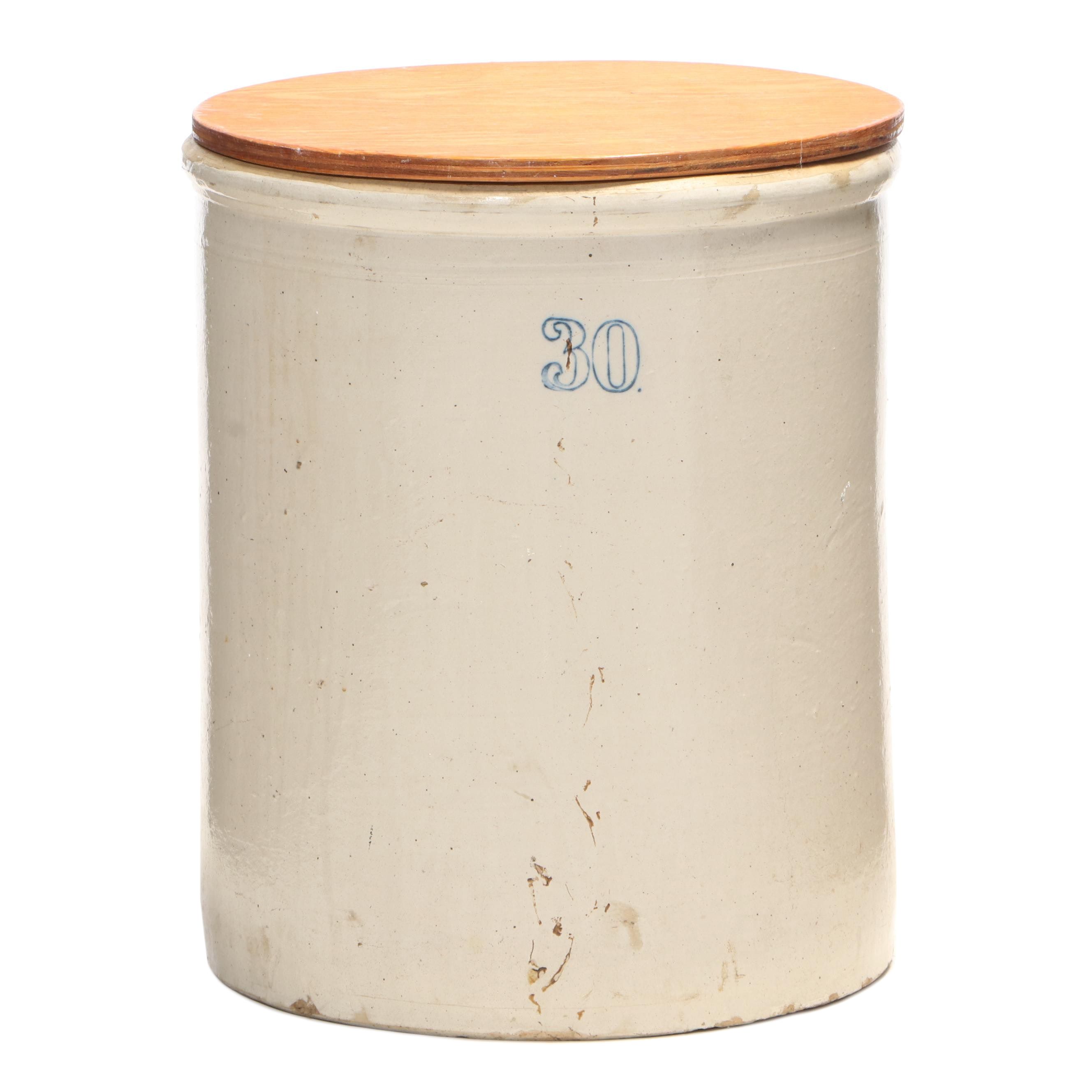 30-Gallon Salt Glazed Stoneware Crock with Lid, Early 20th Century