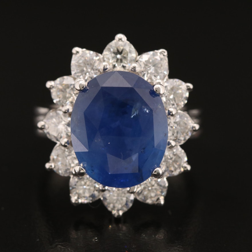 14K 8.79 CT Sapphire and 1.98 Diamond Halo Ring with GIA Report