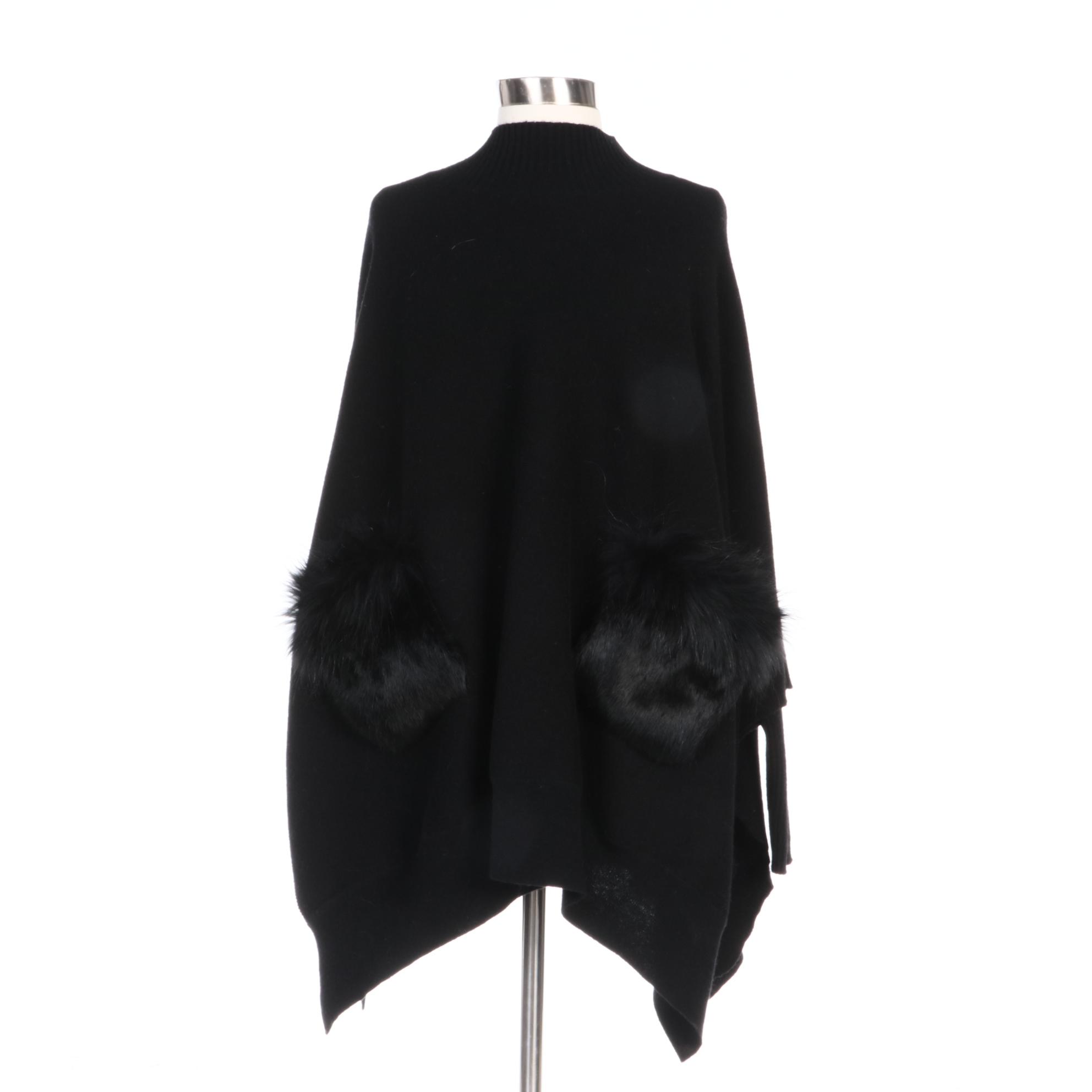Mitchie's Black Wool Fox and Rabbit Fur Trimmed Sweater Poncho with Merchant Tag
