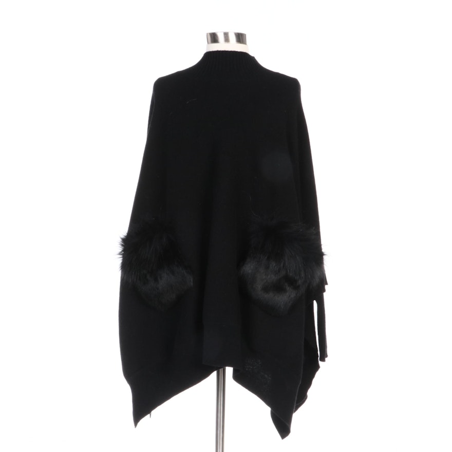 Mitchie's Black Wool Fox and Rabbit Fur Trimmed Sweater Poncho with Merchant Tag