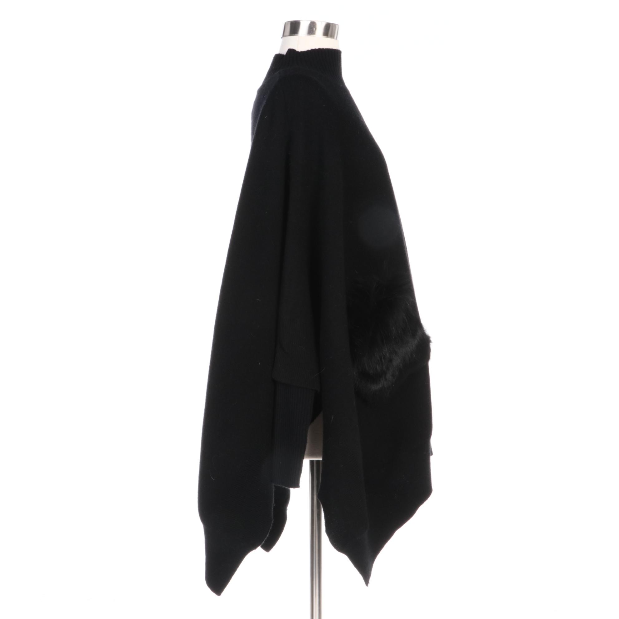 Mitchie's Black Wool Fox and Rabbit Fur Trimmed Sweater Poncho with Merchant Tag