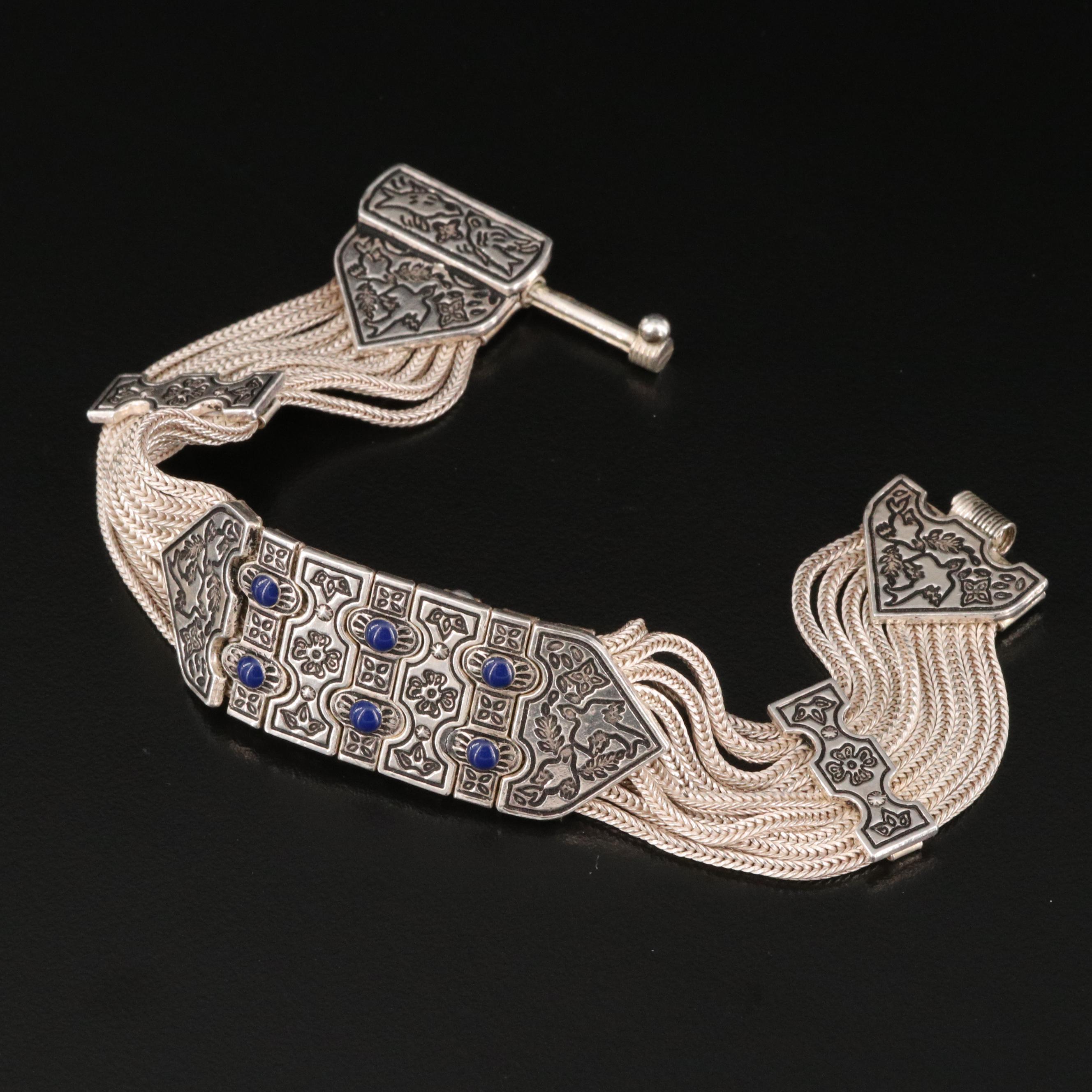 Turkish Sterling Silver Multi-Strand Bracelet with Floral and Swallow Designs