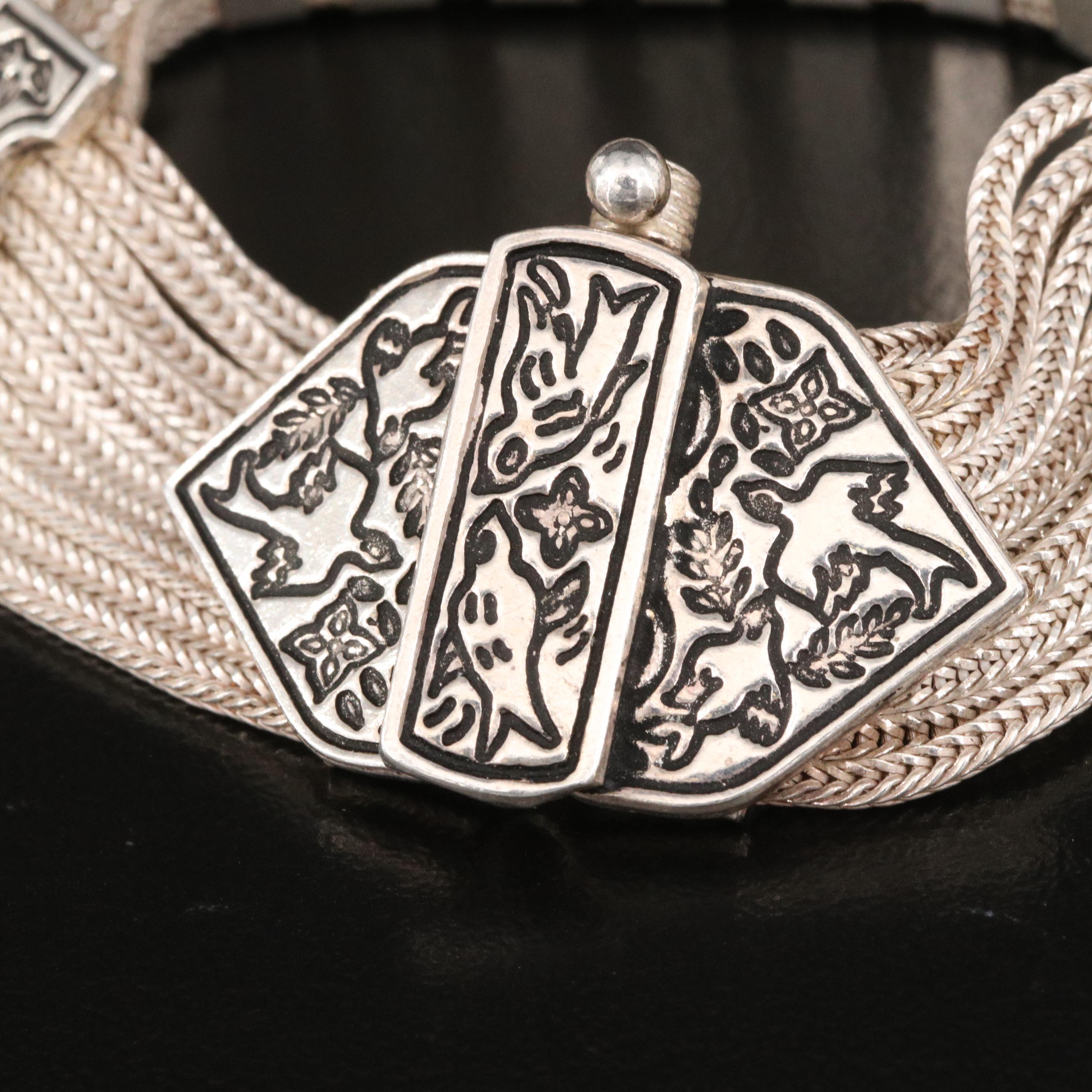 Turkish Sterling Silver Multi-Strand Bracelet with Floral and Swallow Designs