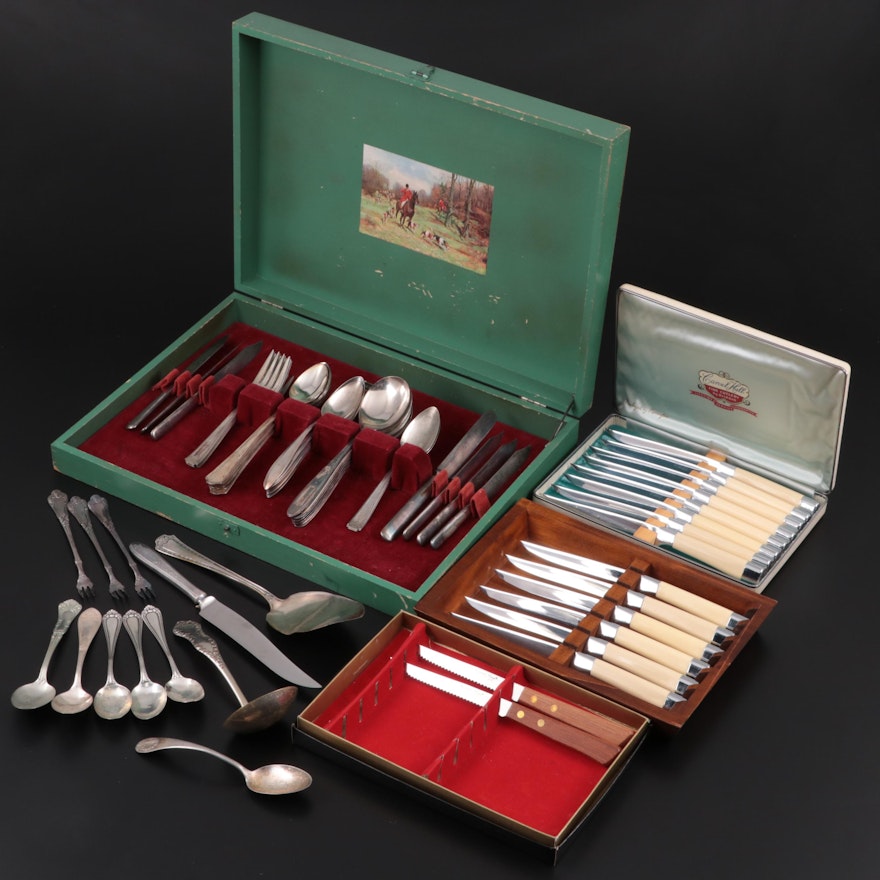 Carvel Hall Steak Knives and Other Silver Plate Flatware