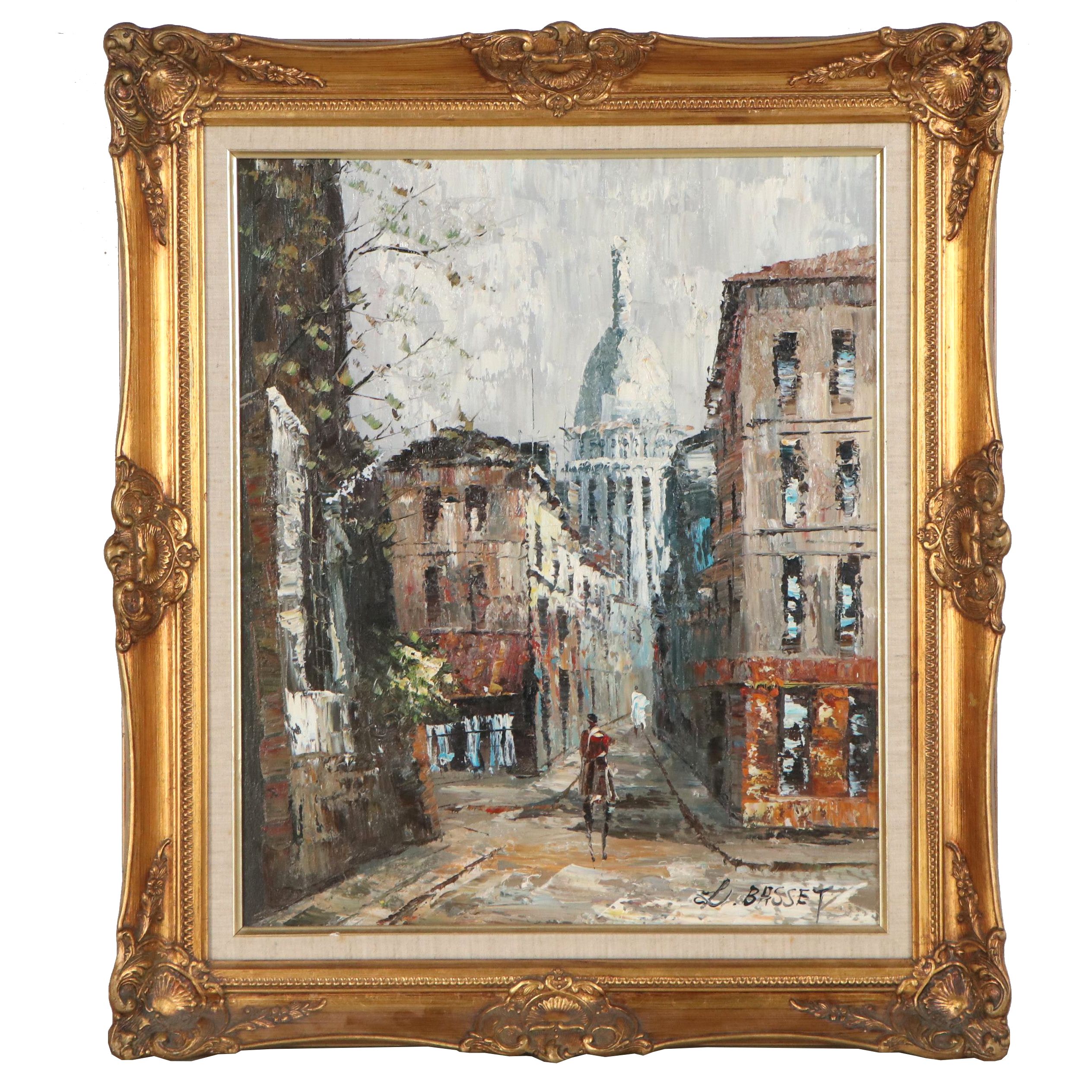 L. Basset Impasto Cityscape Oil Painting of Street Scene, Late 20th Century