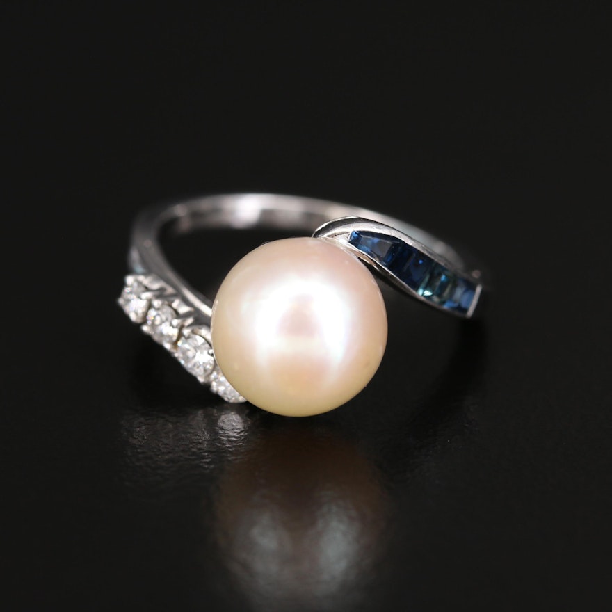 Vintage Platinum Pearl, Diamond and Sapphire Bypass Ring