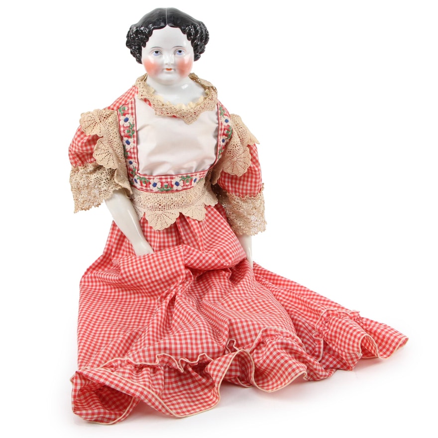 Emma Porcelain Doll with Cloth Body and Porcelain Arms, 1860s