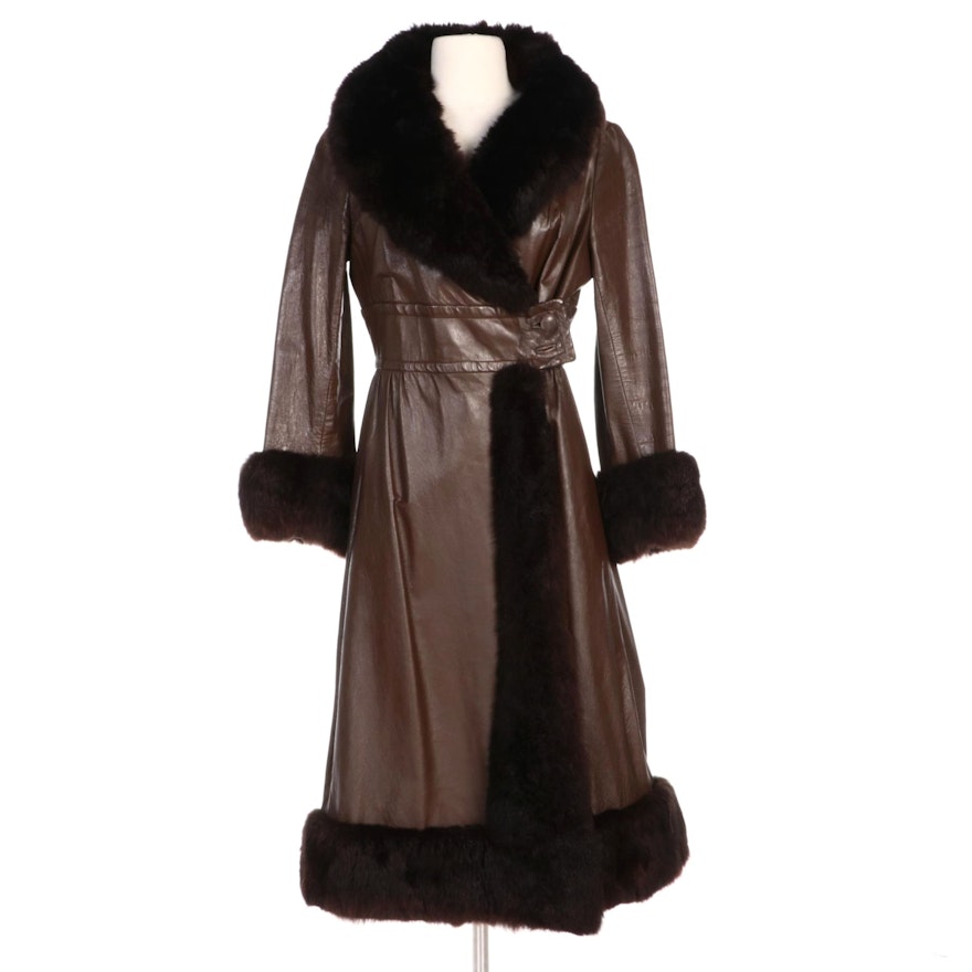 Brown Leather Full-Length Coat with Dyed Opossum Fur Trim