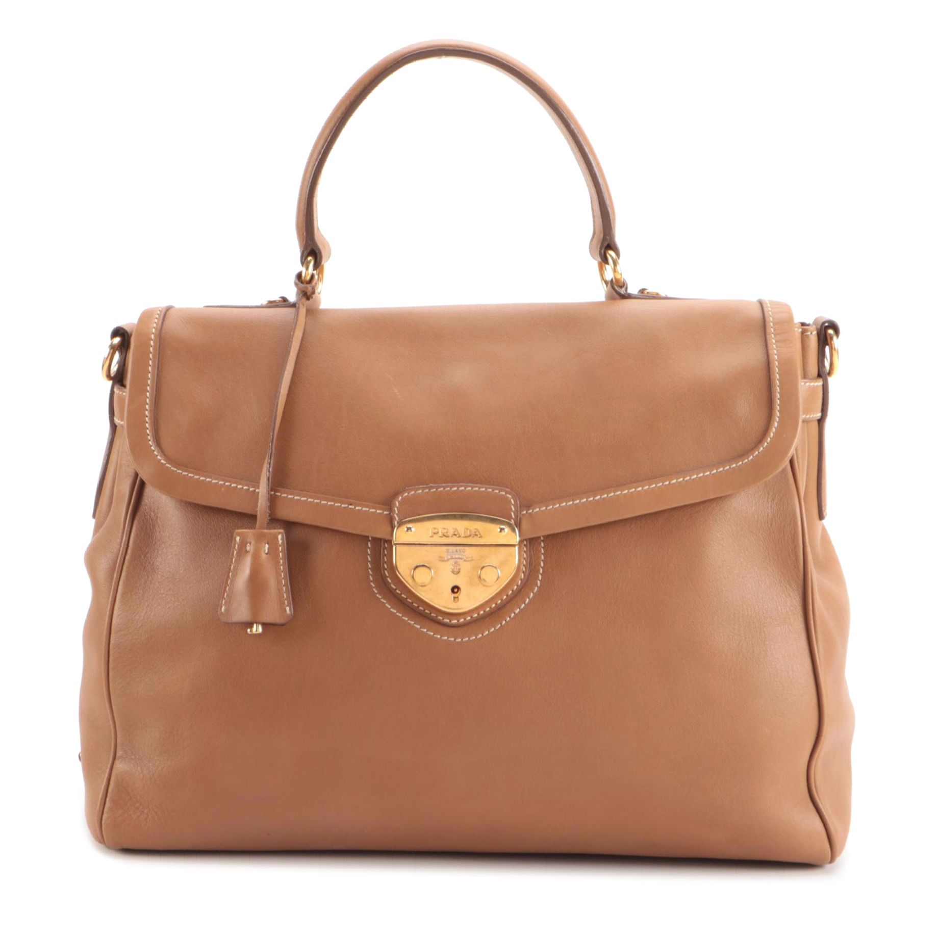 Prada Convertible Pushlock Satchel Shoulder Bag in Tan Leather