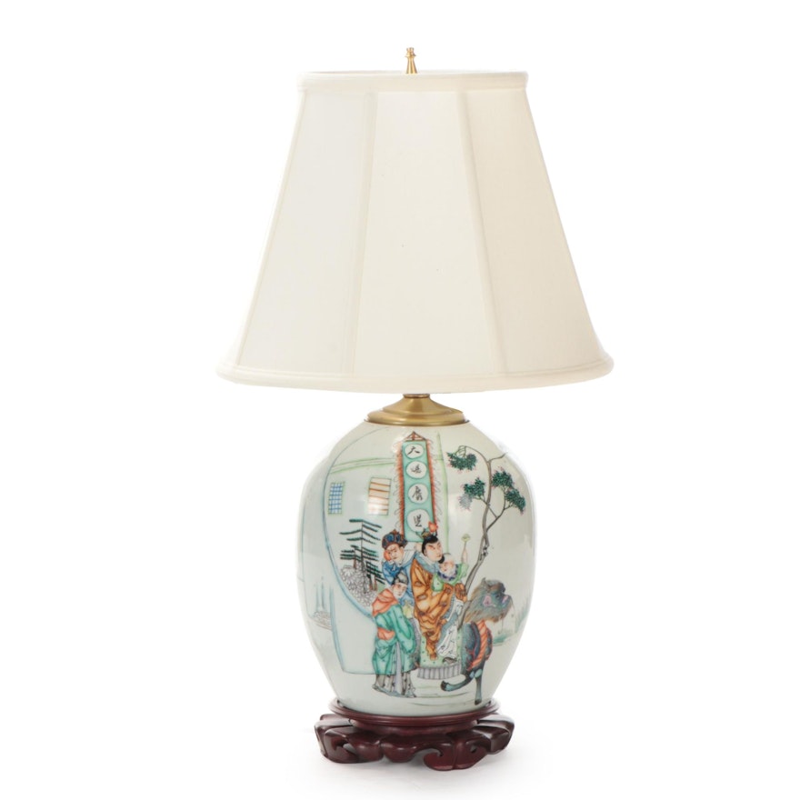 Chinese Famille Verte Poem Melon Jar Table Lamp