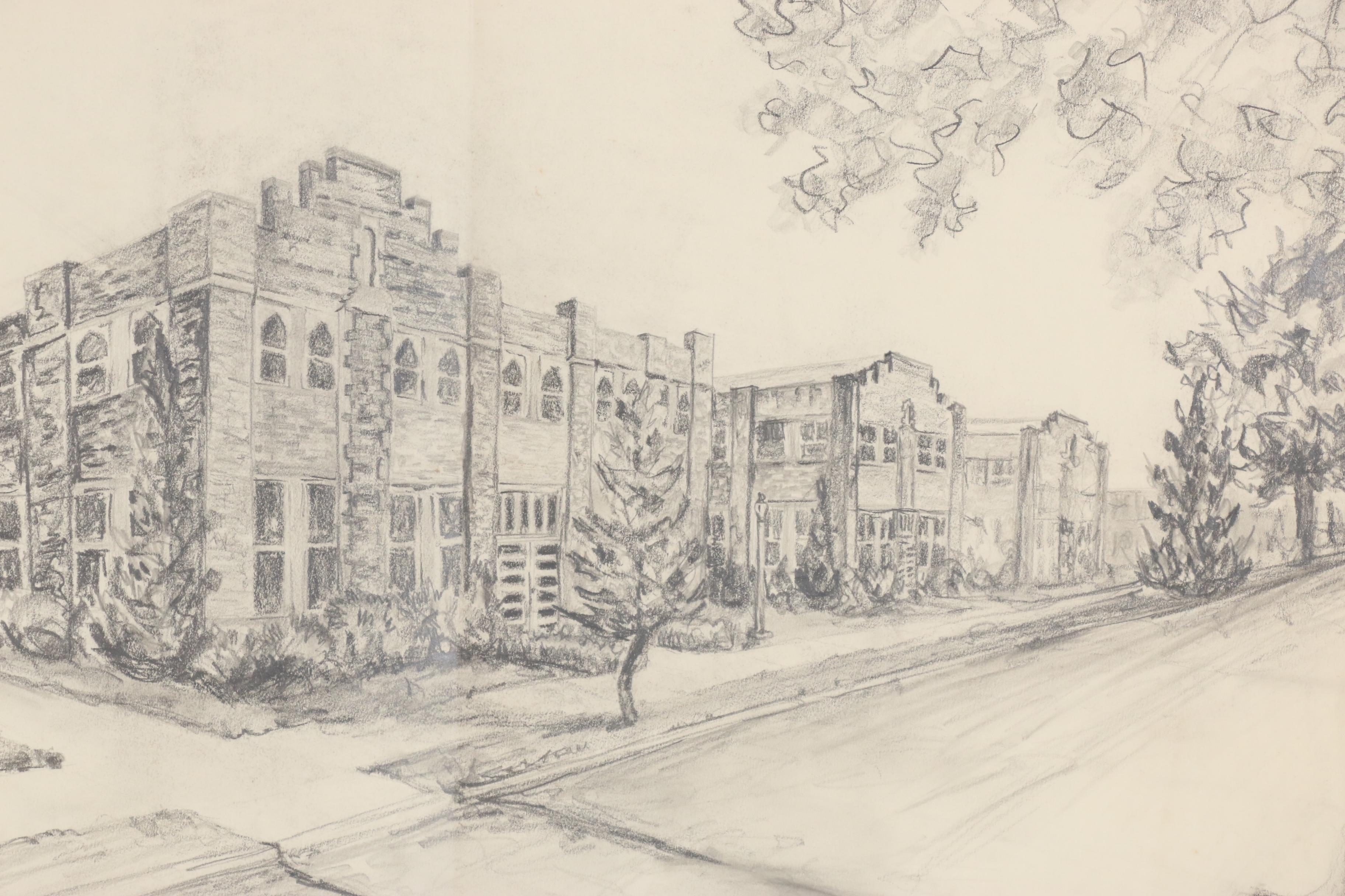 Modern Figurative and Architectural Charcoal Gesture Drawings, circa 1960