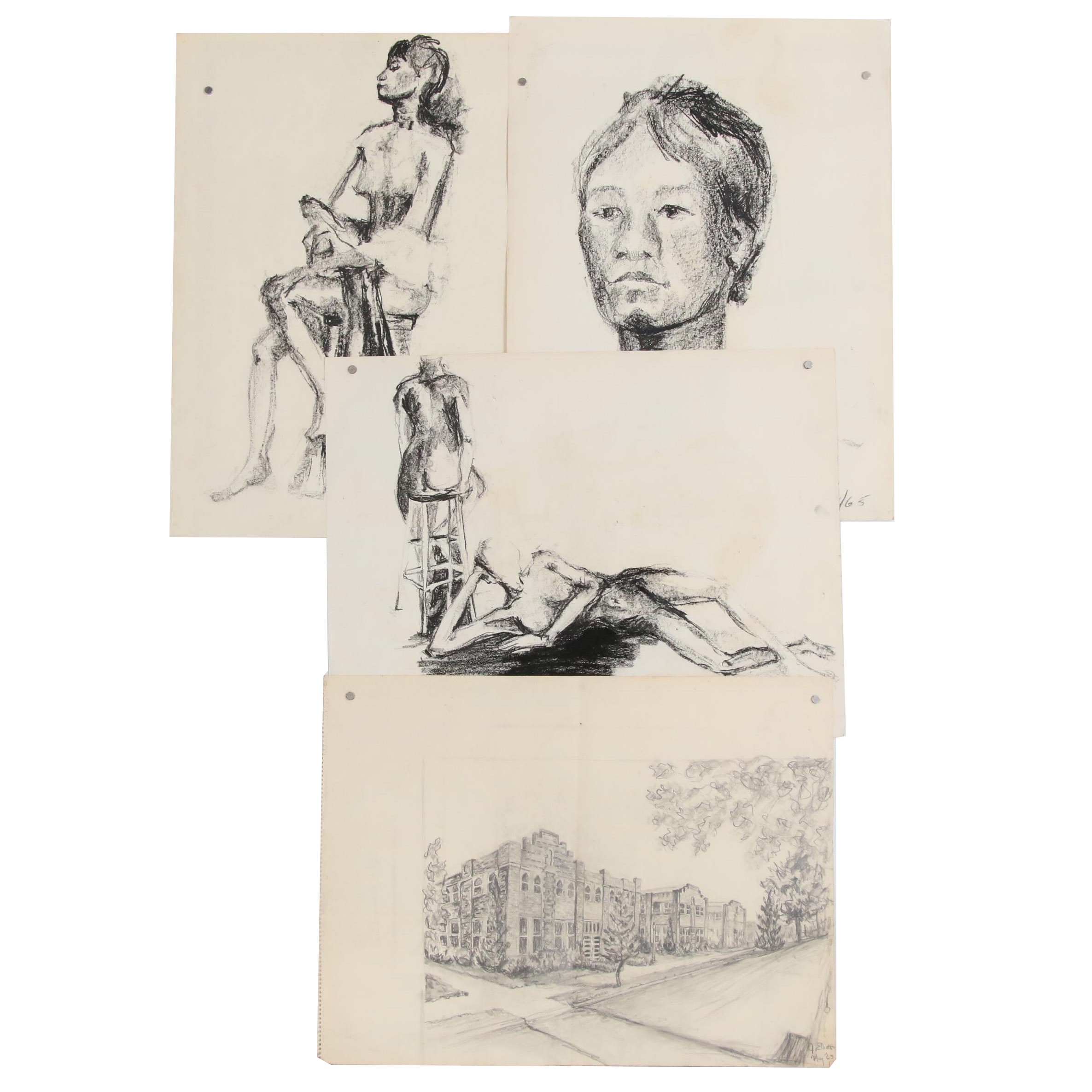 Modern Figurative and Architectural Charcoal Gesture Drawings, circa 1960
