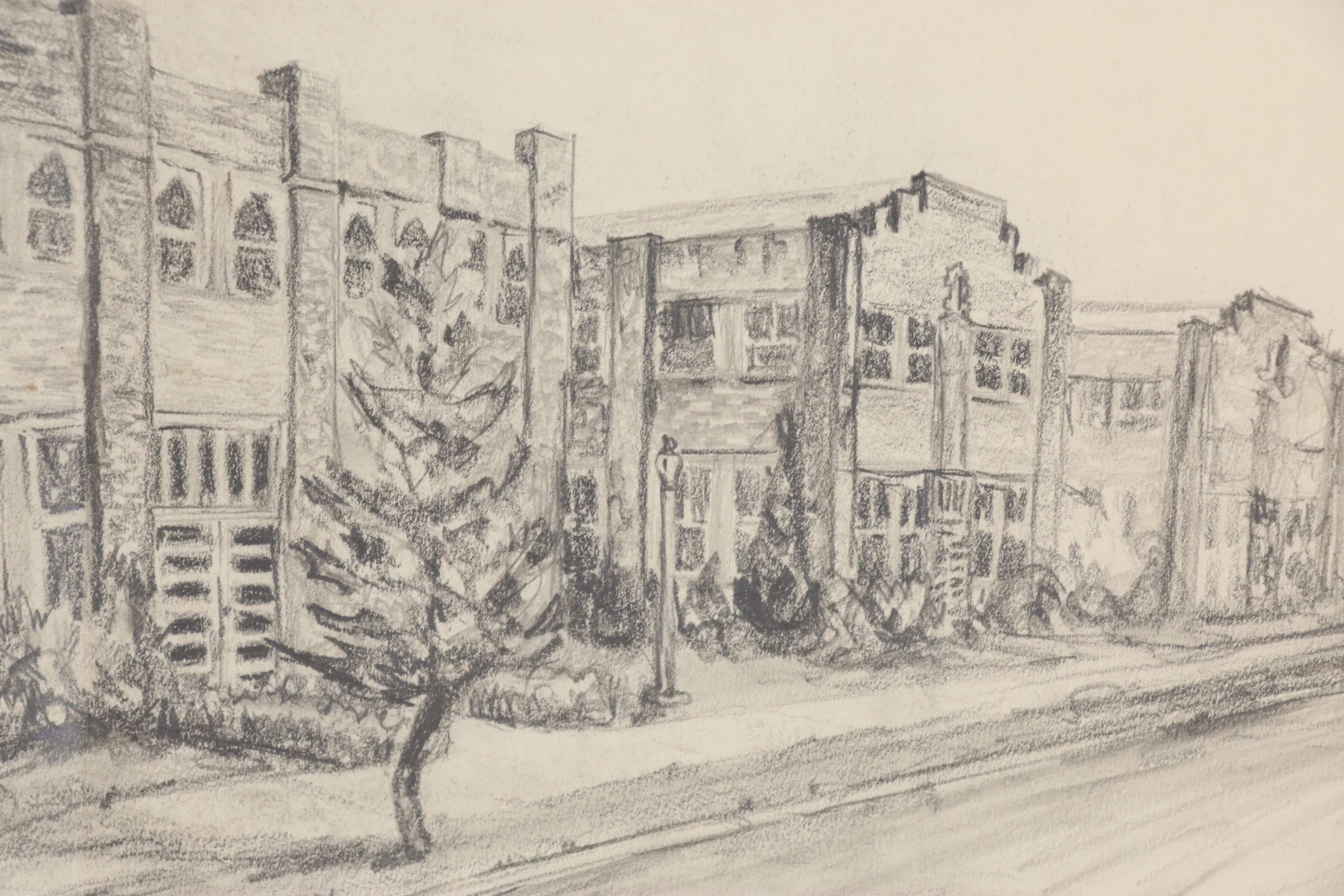 Modern Figurative and Architectural Charcoal Gesture Drawings, circa 1960