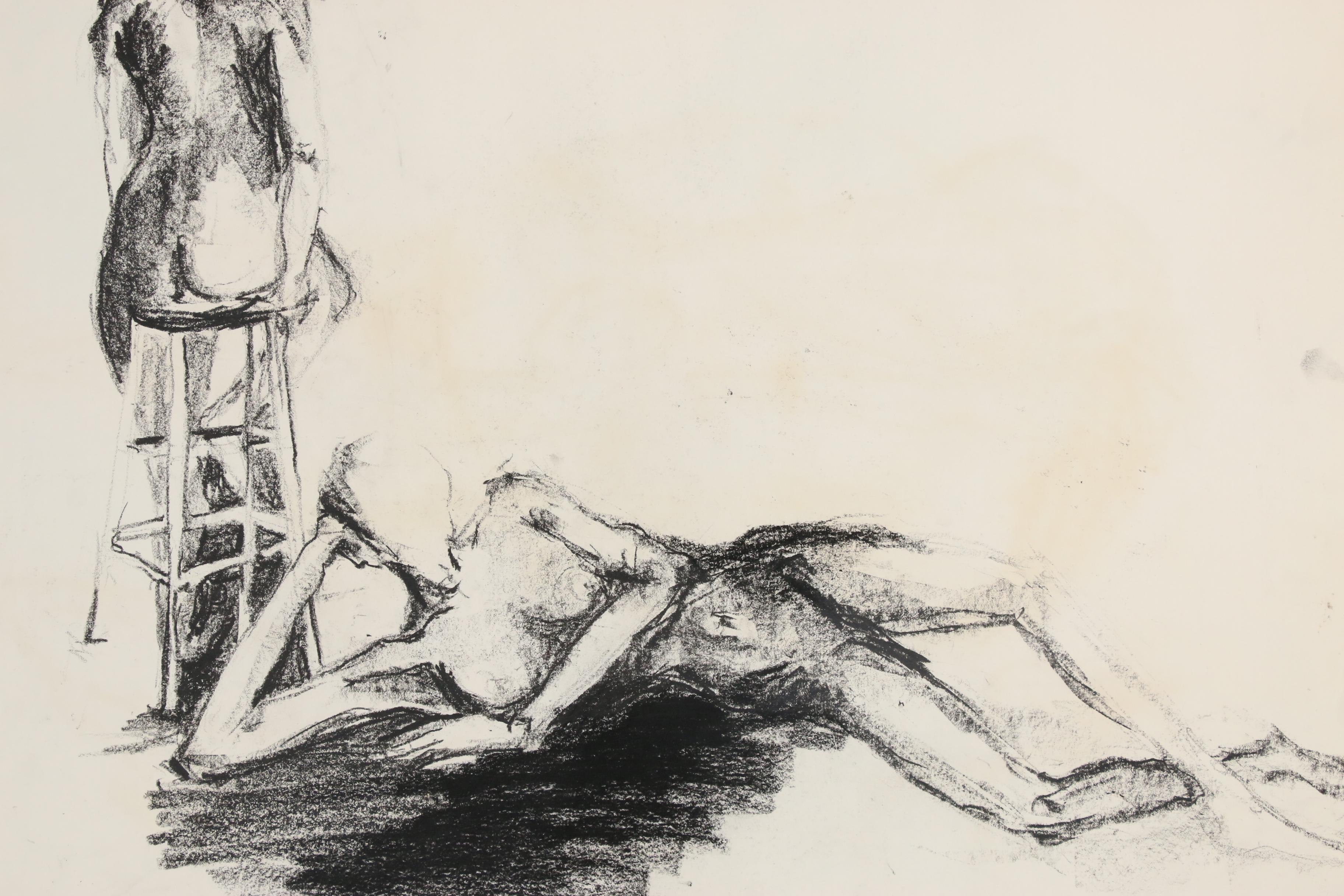 Modern Figurative and Architectural Charcoal Gesture Drawings, circa 1960