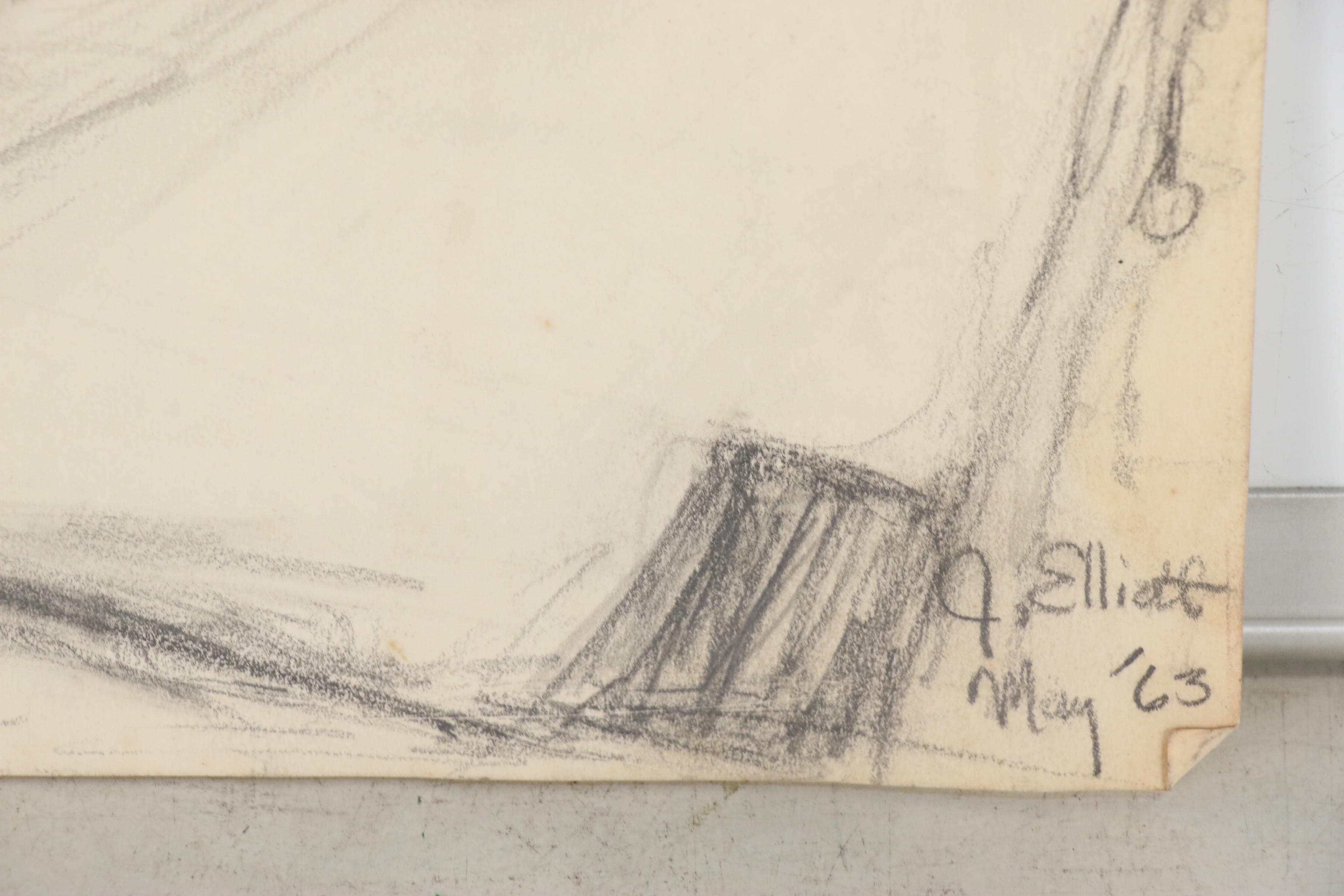 Modern Figurative and Architectural Charcoal Gesture Drawings, circa 1960