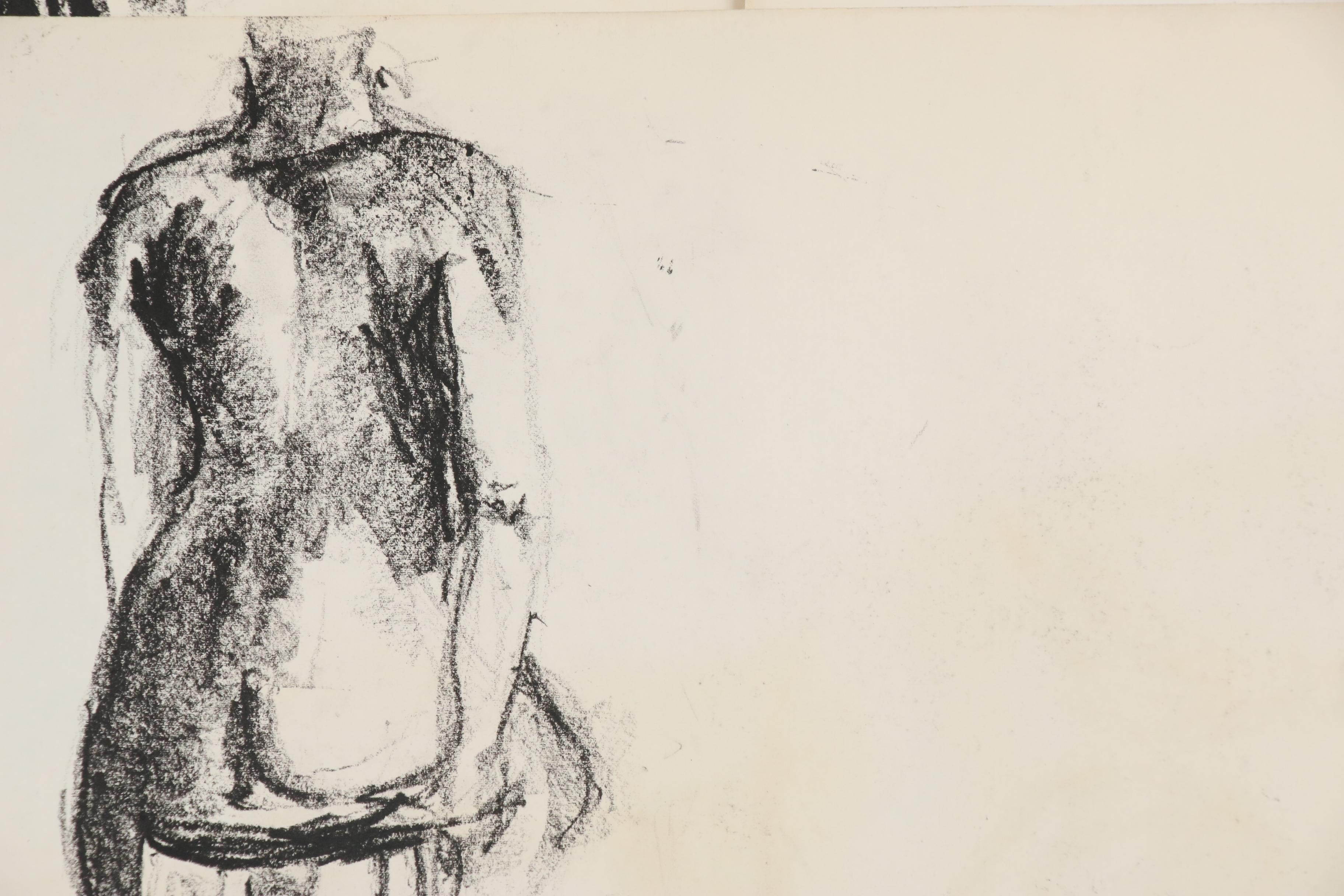 Modern Figurative and Architectural Charcoal Gesture Drawings, circa 1960