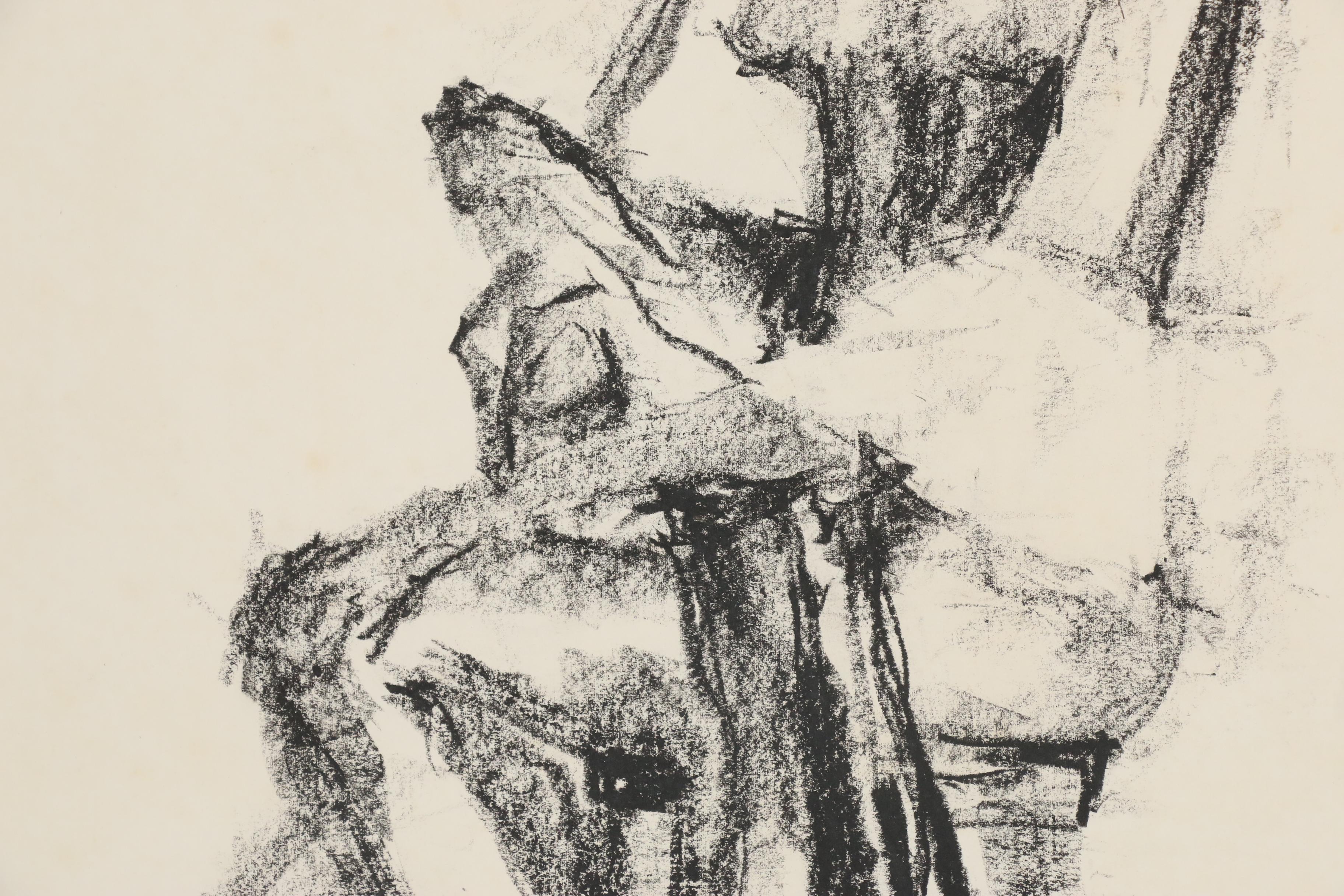 Modern Figurative and Architectural Charcoal Gesture Drawings, circa 1960