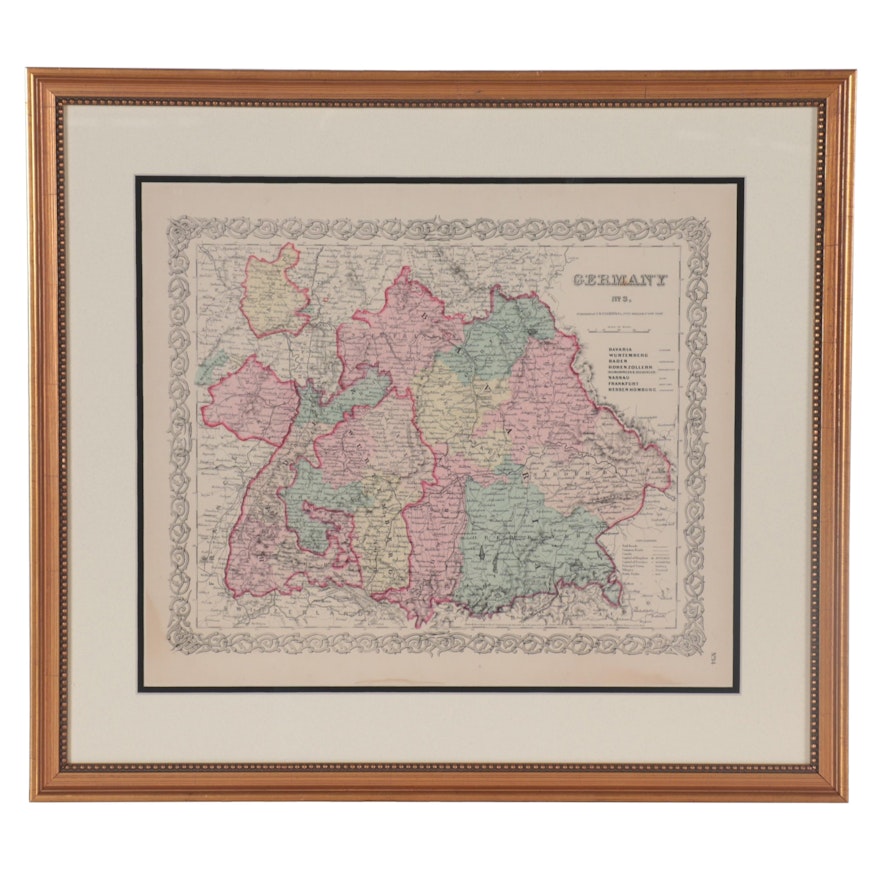 J. H. Colton & Co. Hand-Colored Wood Engraving Map of Germany, Late 19th Century