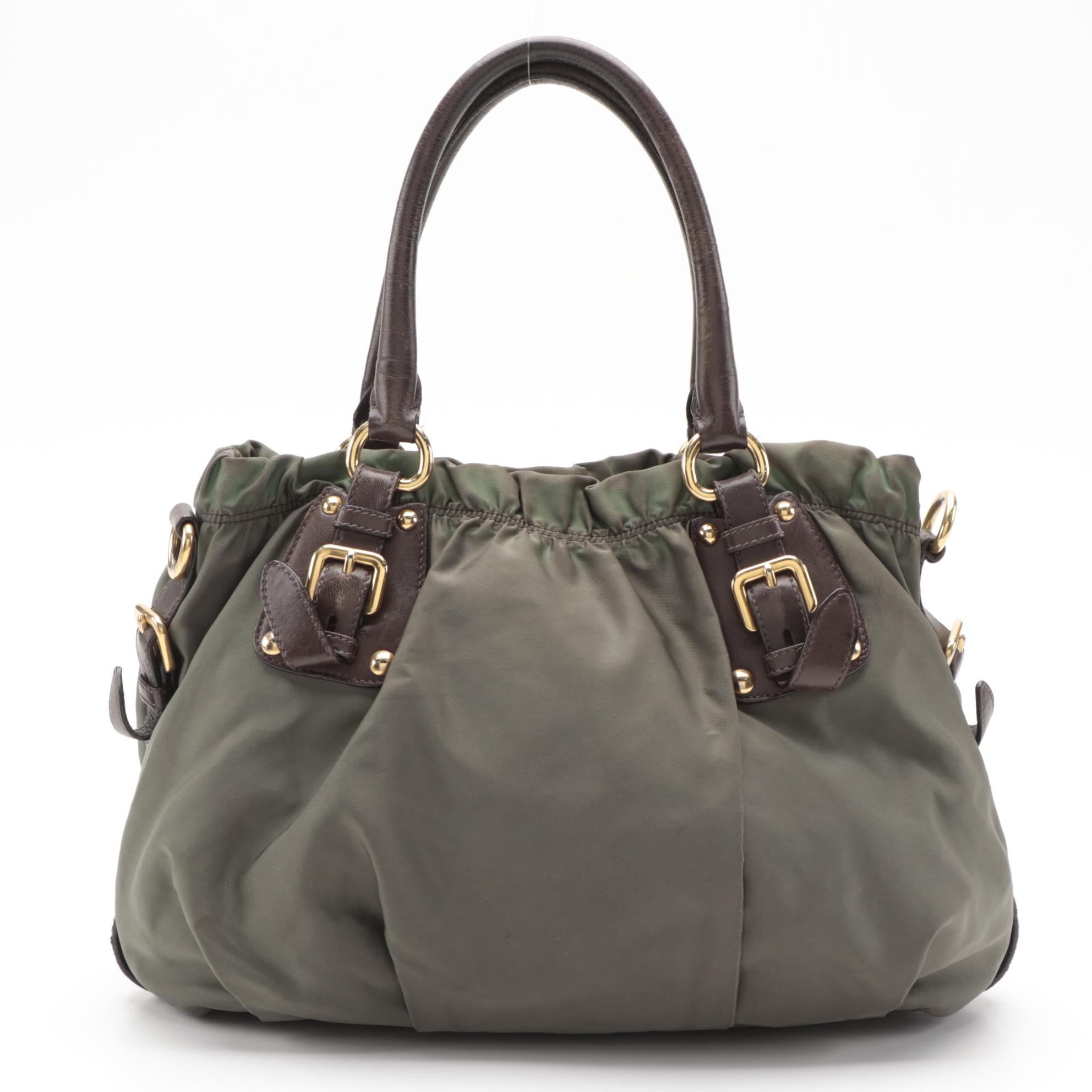 Prada Tessuto Logo Two-Way Satchel in Green Nylon with Brown Leather Trim