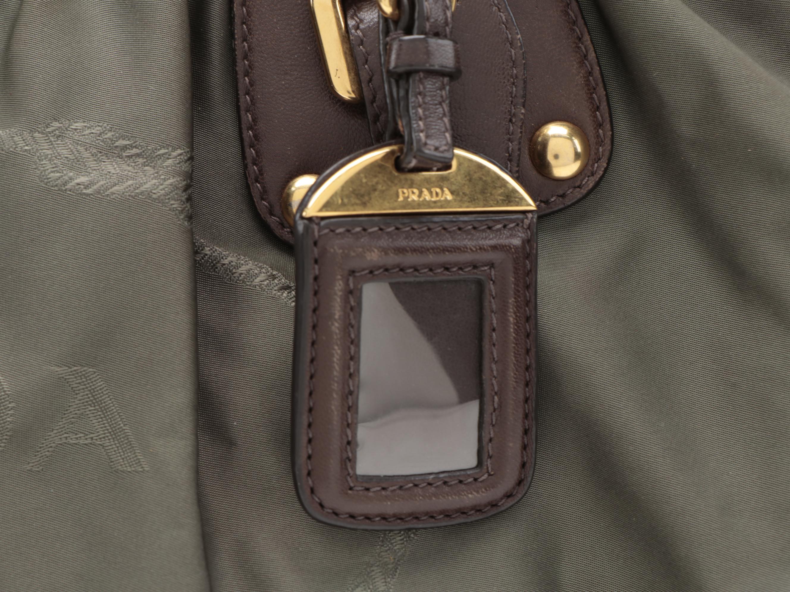 Prada Tessuto Logo Two-Way Satchel in Green Nylon with Brown Leather Trim