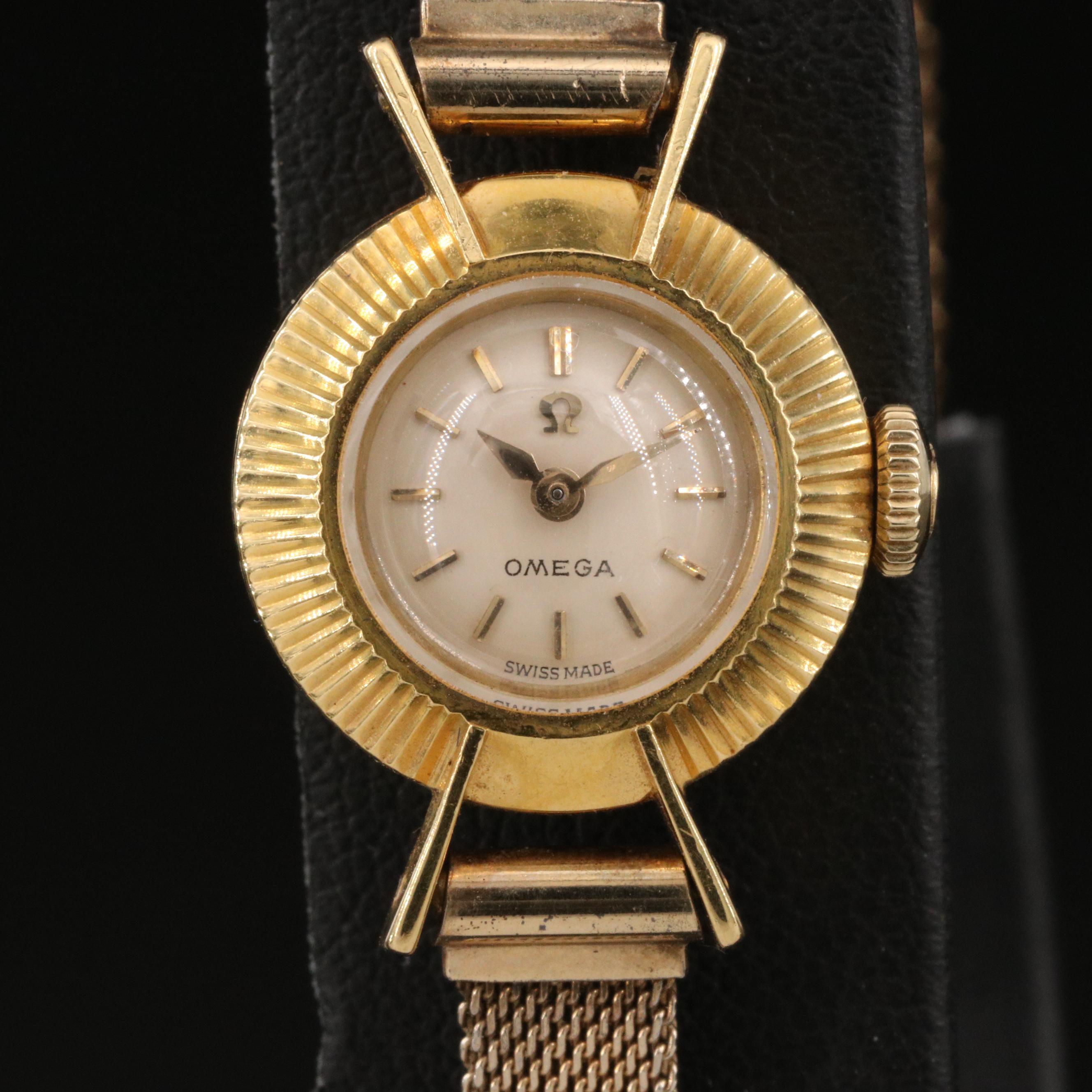 18K Omega Watch with Fluted Bezel and Flared Lugs