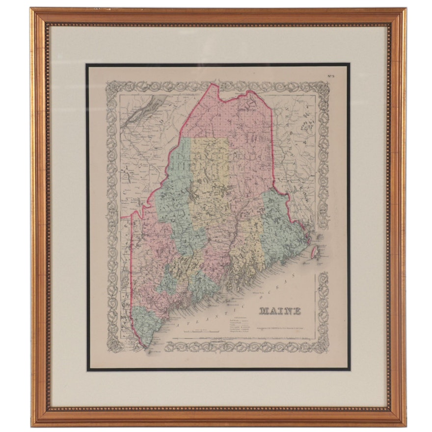 J. H. Colton & Co. Wood Engraving Map of Maine, Late 19th Century