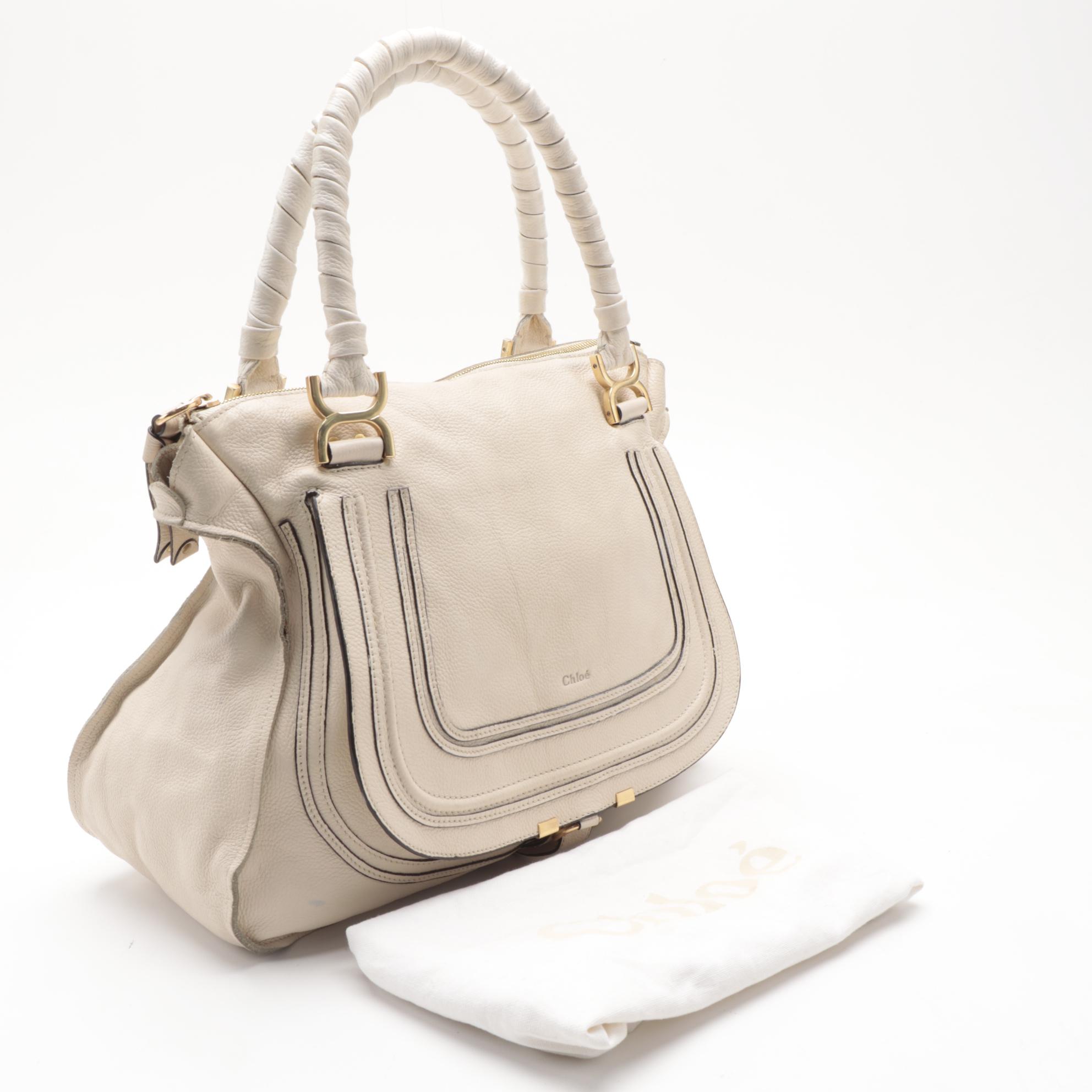 Chloé Marcie Large Satchel Bag in Cream Pebble Grain Leather