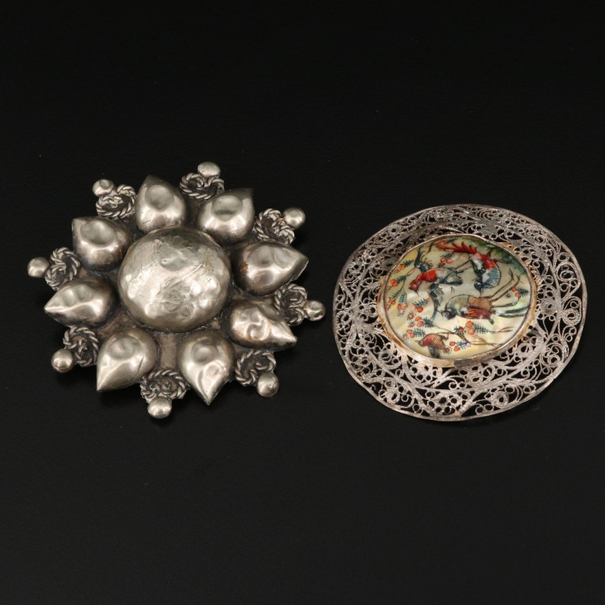 Antique Persian Shell Filigree Brooch with Buddhist Lotus Flower Brooch