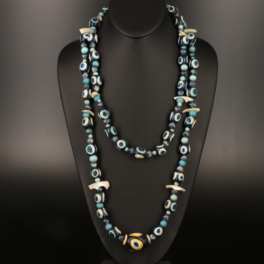 Turkish Glass, Shell and Mother of Pearl Stratified Evil Eye Necklaces