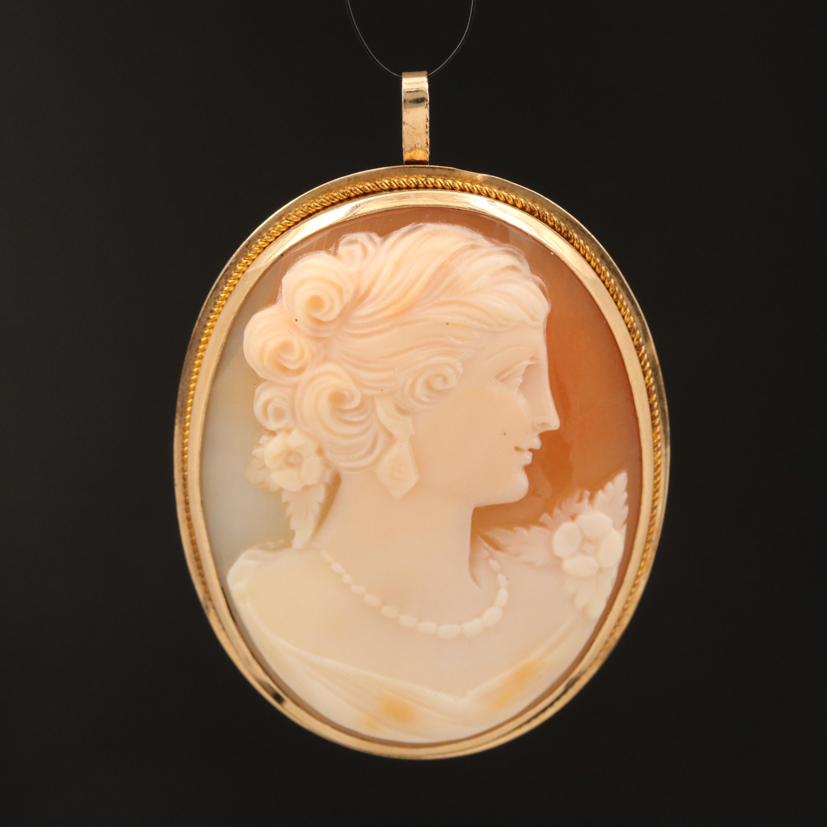Vintage 14K Oval Shell Cameo Converter Brooch