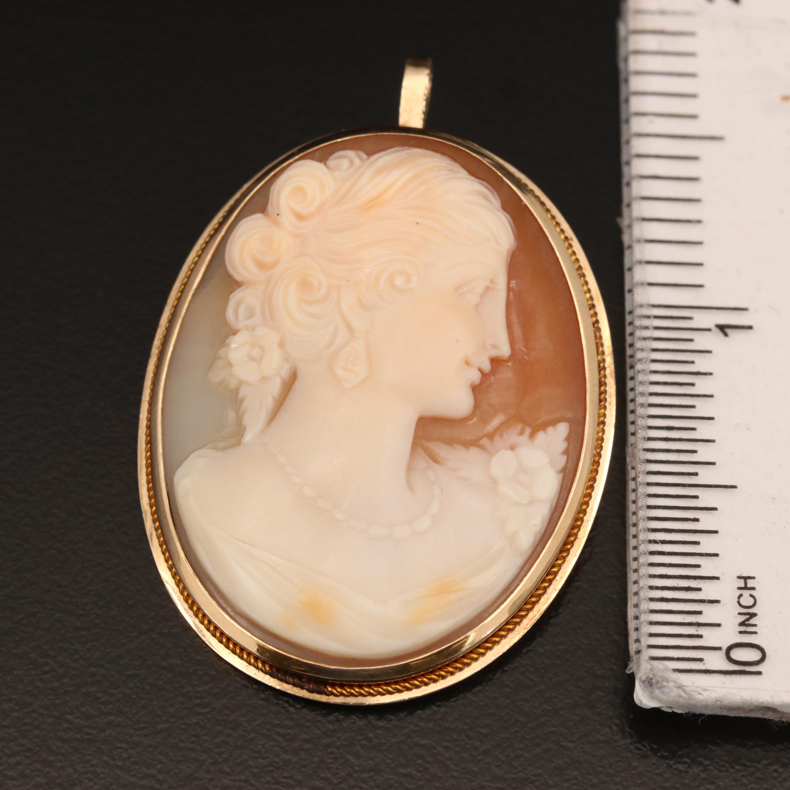 Vintage 14K Oval Shell Cameo Converter Brooch